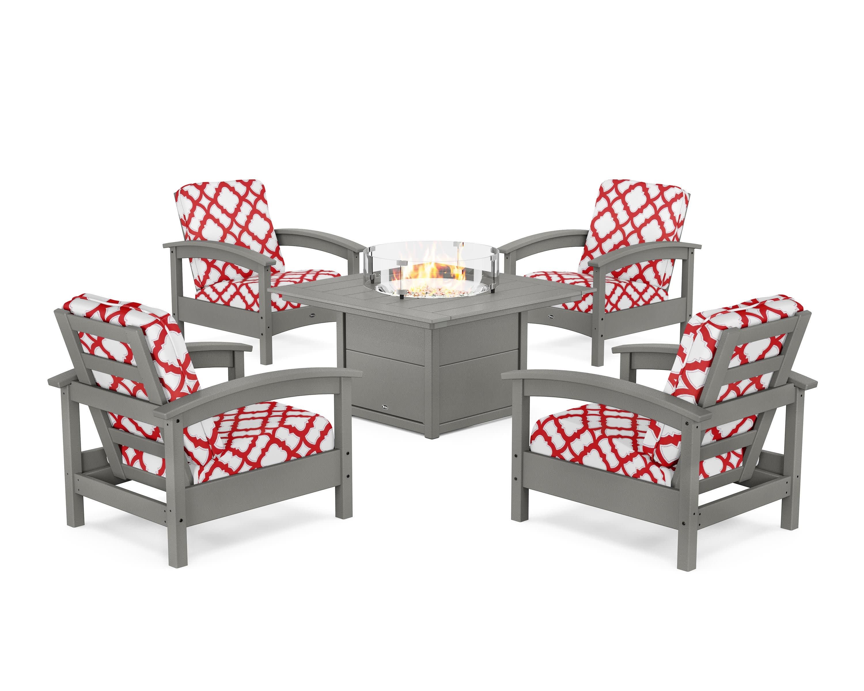 Rockport 5-Piece Deep Seating Set with Square Fire Pit Table in Stepping Stone / Trellis Crimson