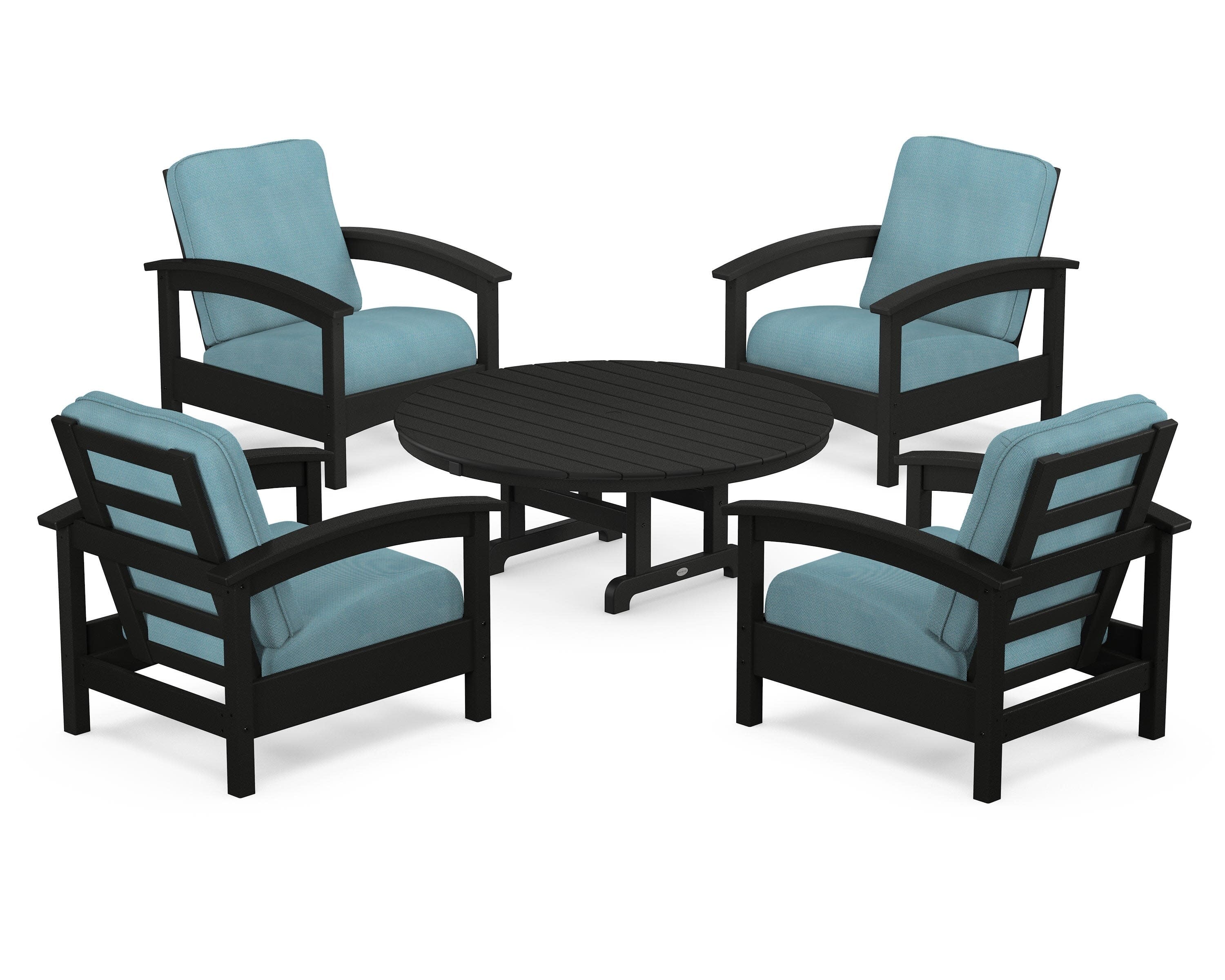 Rockport 5-Piece Deep Seating Set in Charcoal Black / Lattice Sky Blue