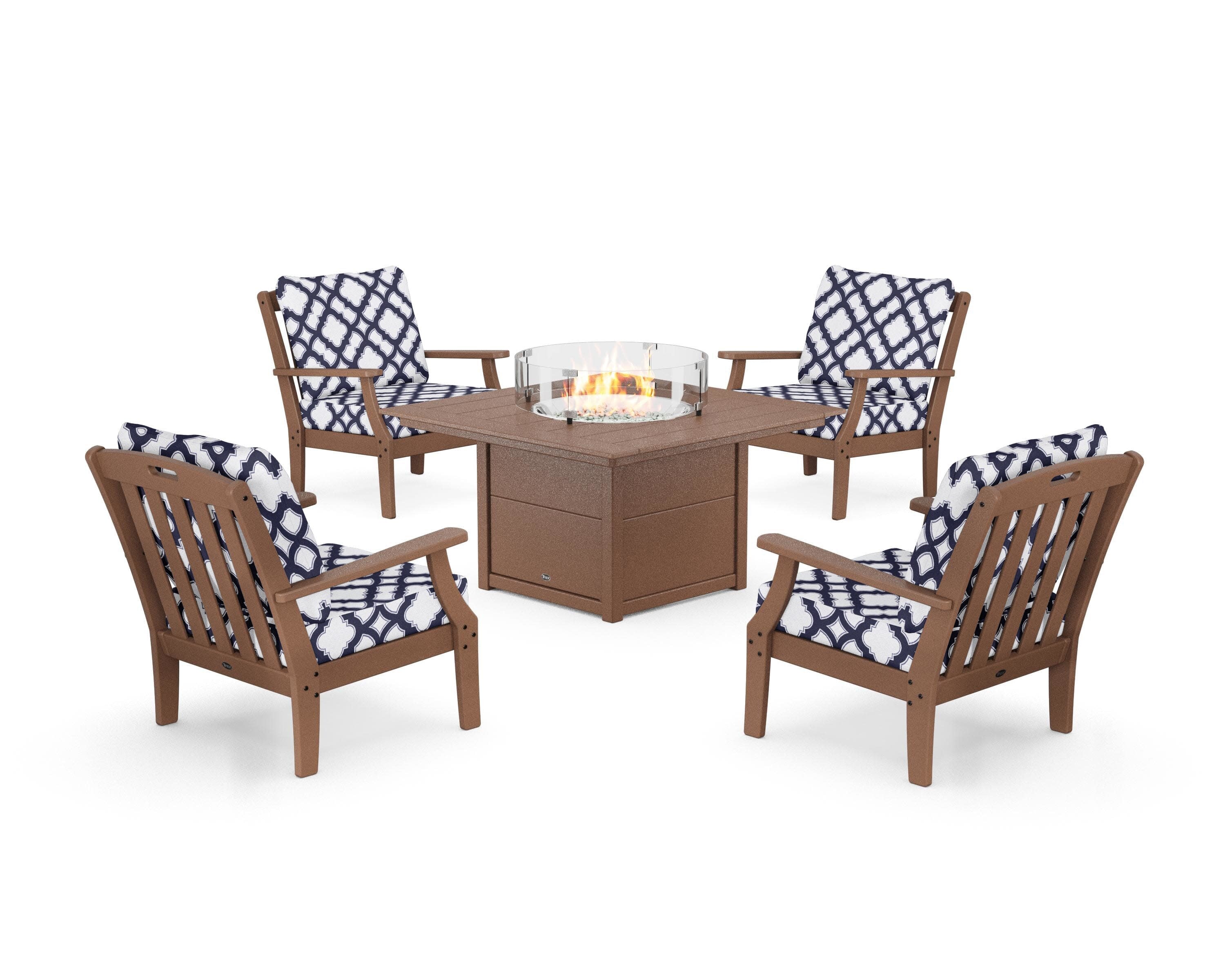 Yacht Club 5-Piece Deep Seating Set with Square Fire Pit Table in Tree House / Trellis Navy