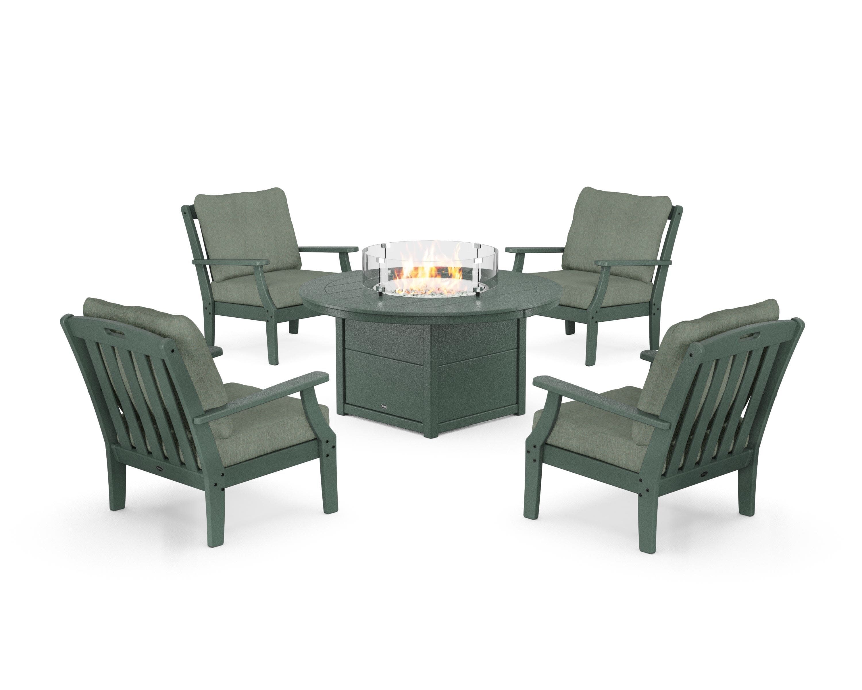 Yacht Club 5-Piece Deep Seating Set with Round Fire Pit Table in Rainforest Canopy / Cast Sage