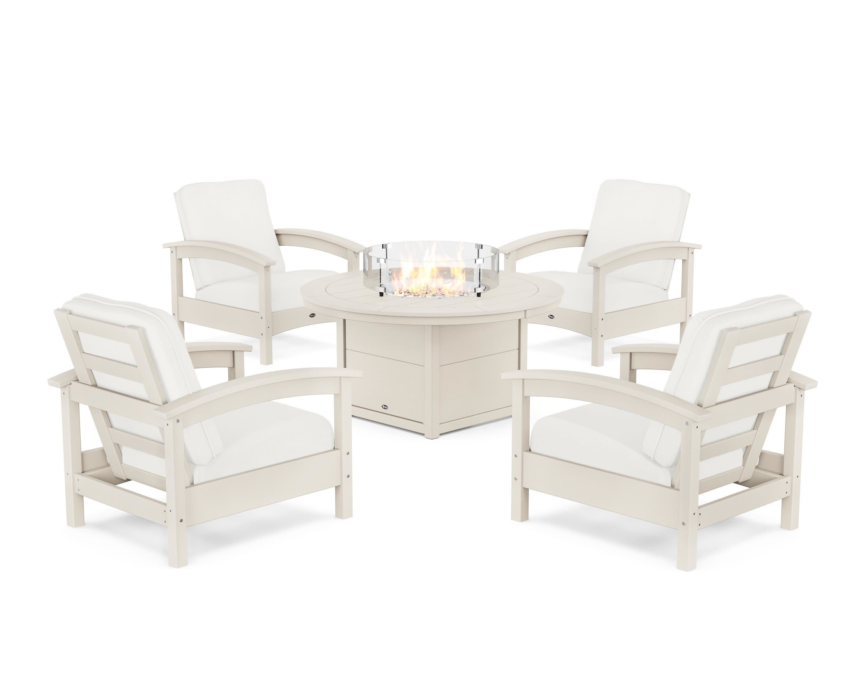Rockport 5-Piece Deep Seating Set with Round Fire Pit Table in Sand Castle / Natural Linen