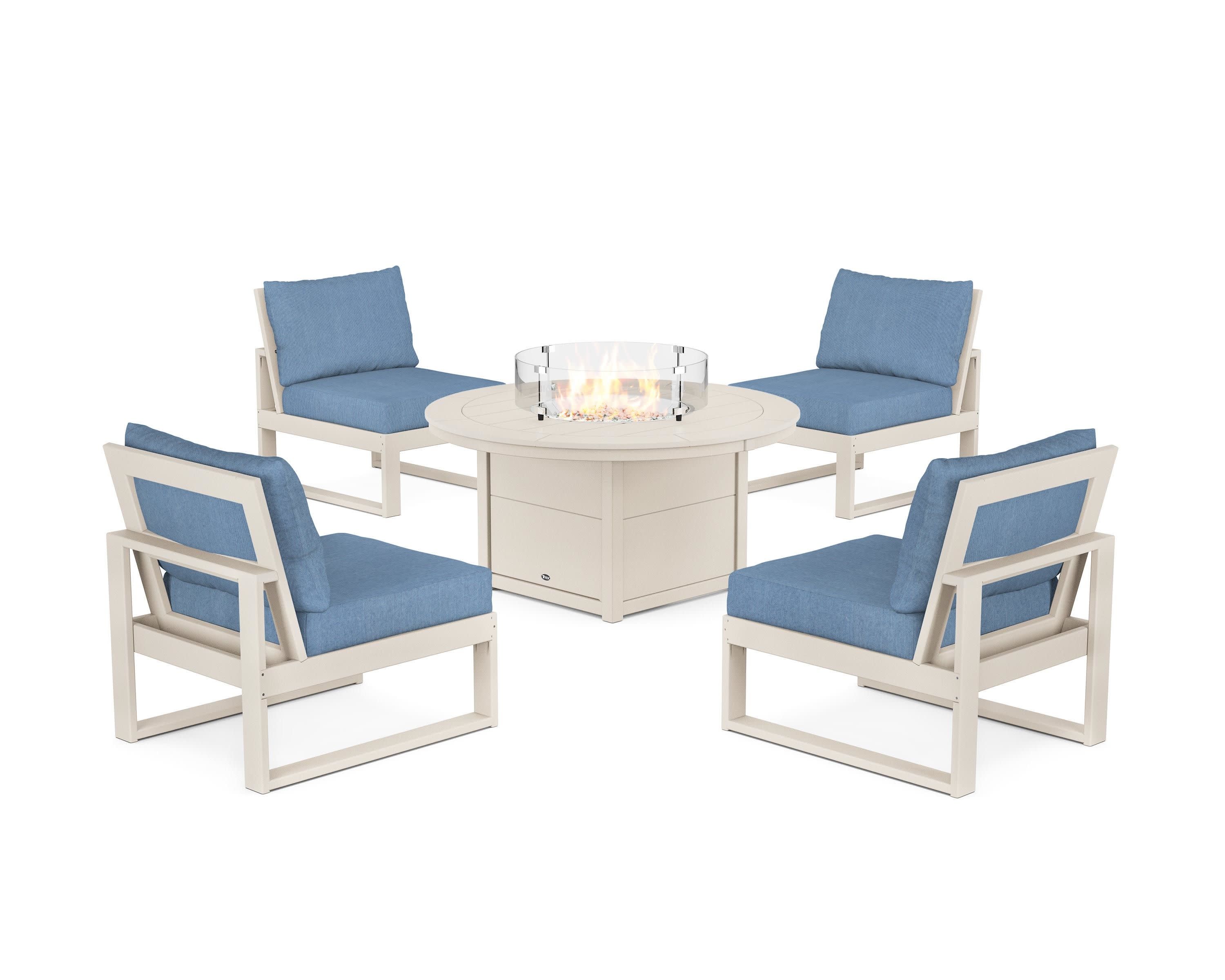 Eastport Modular 5-Piece Deep Seating Set with Round Fire Pit Table in Sand Castle / Sky Blue