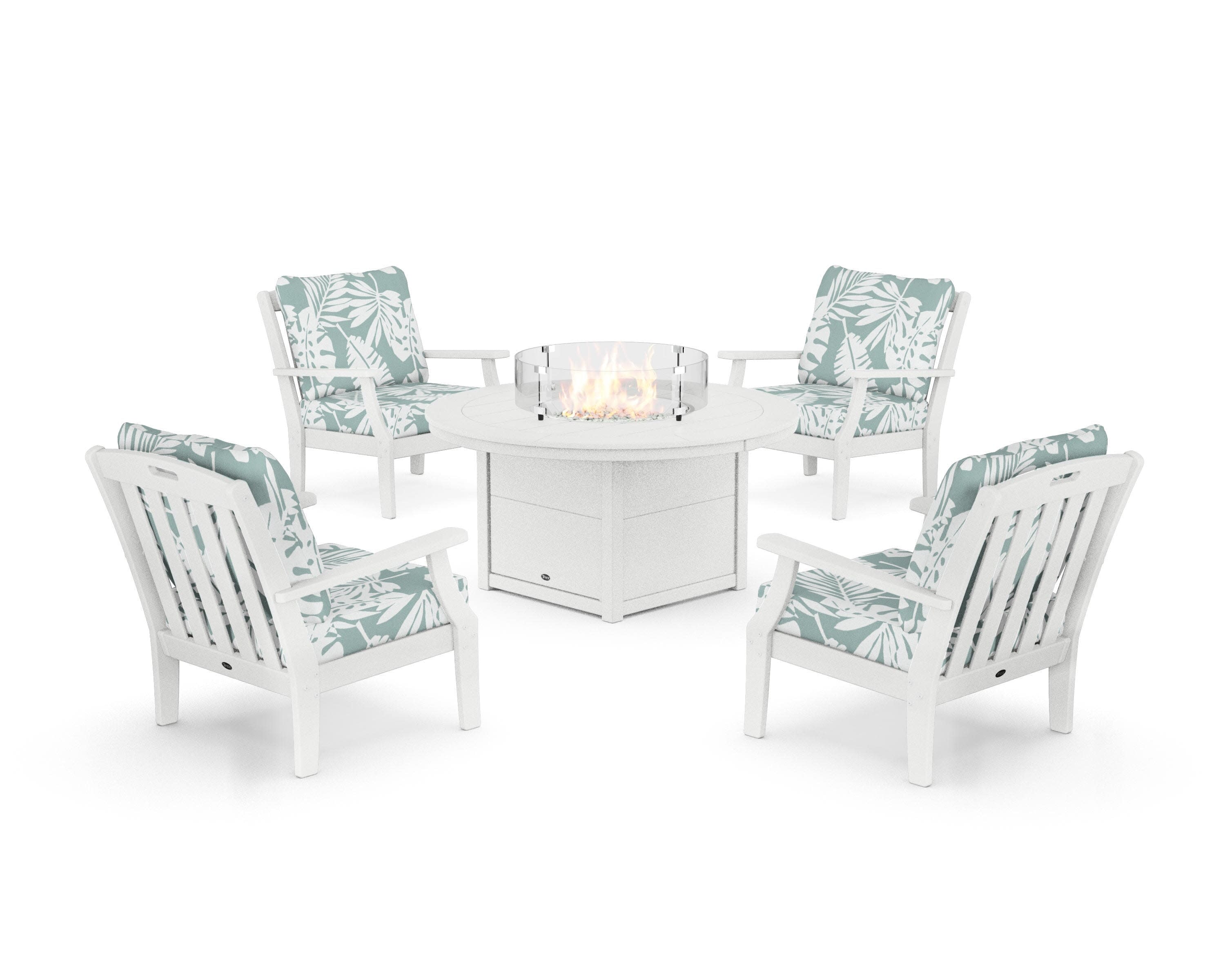 Yacht Club 5-Piece Deep Seating Set with Round Fire Pit Table in Classic White / Leaf Glacier Spa
