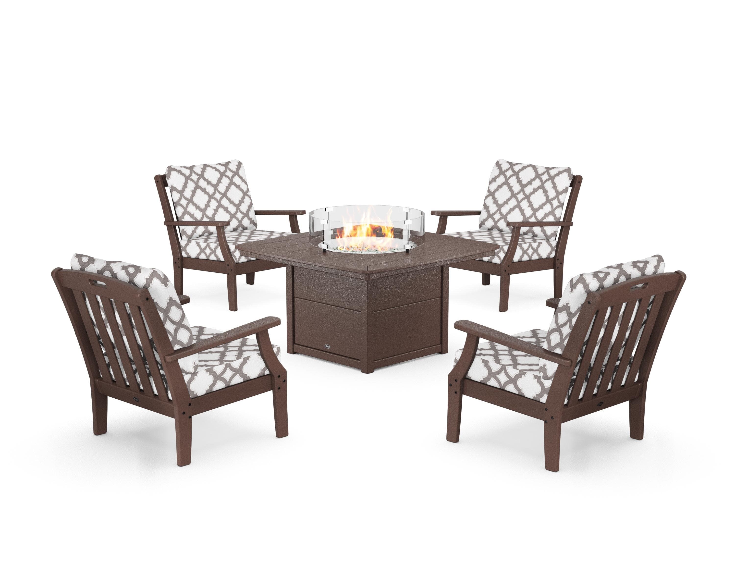 Yacht Club 5-Piece Deep Seating Set with Fire Pit Table in Vintage Lantern / Trellis Grey Mist