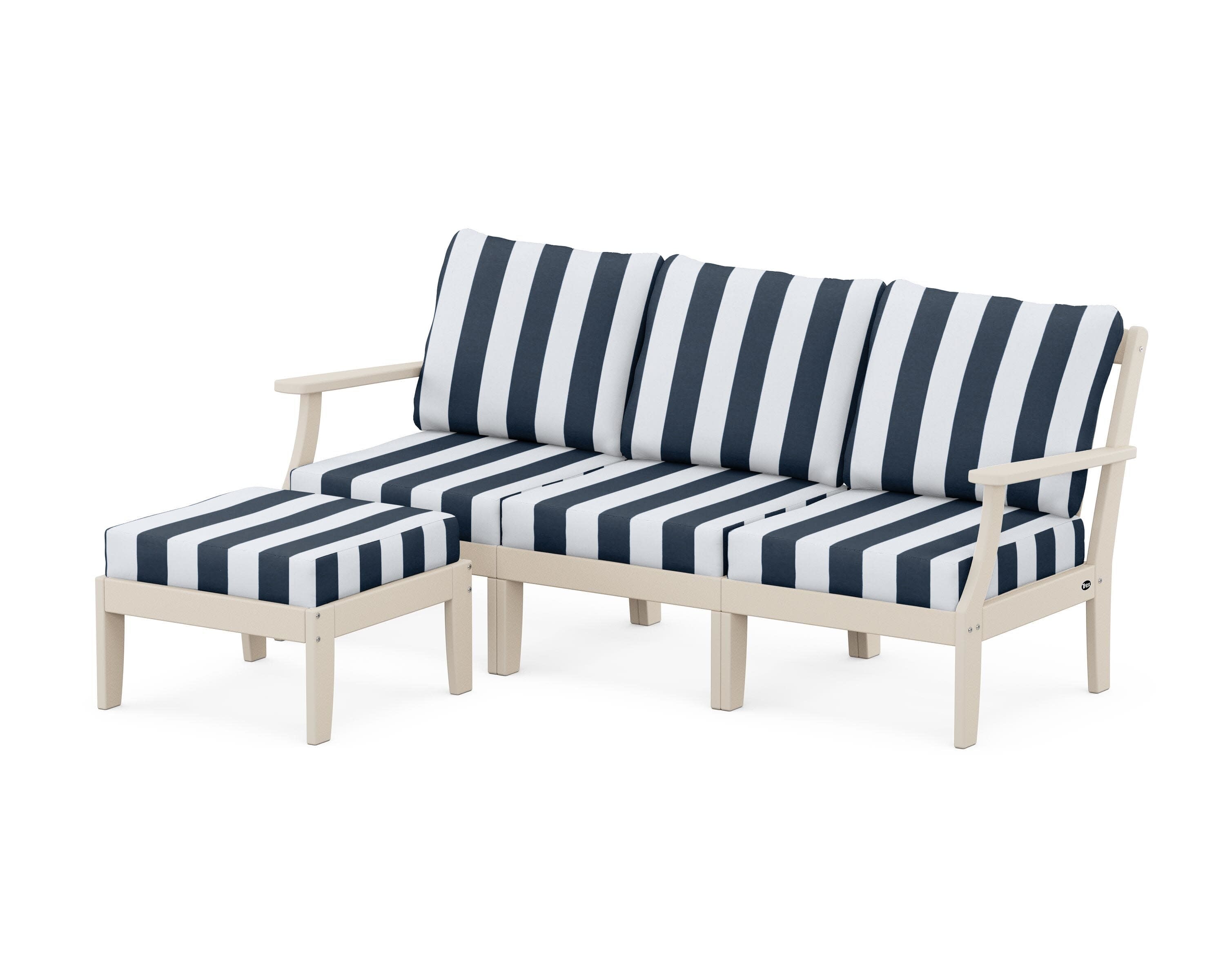 Yacht Club Modular 4-Piece Deep Seating Set with Ottoman in Sand Castle / Cabana Stripe Marine Indigo