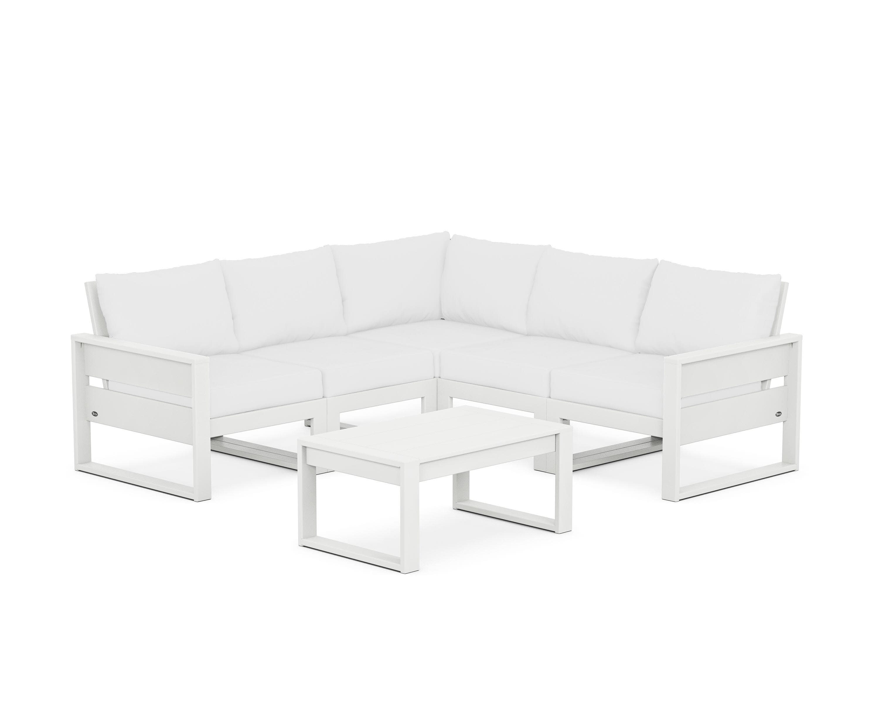Eastport 6-Piece Deep Seating Sectional + Coffee Table Set in Classic White / Natural