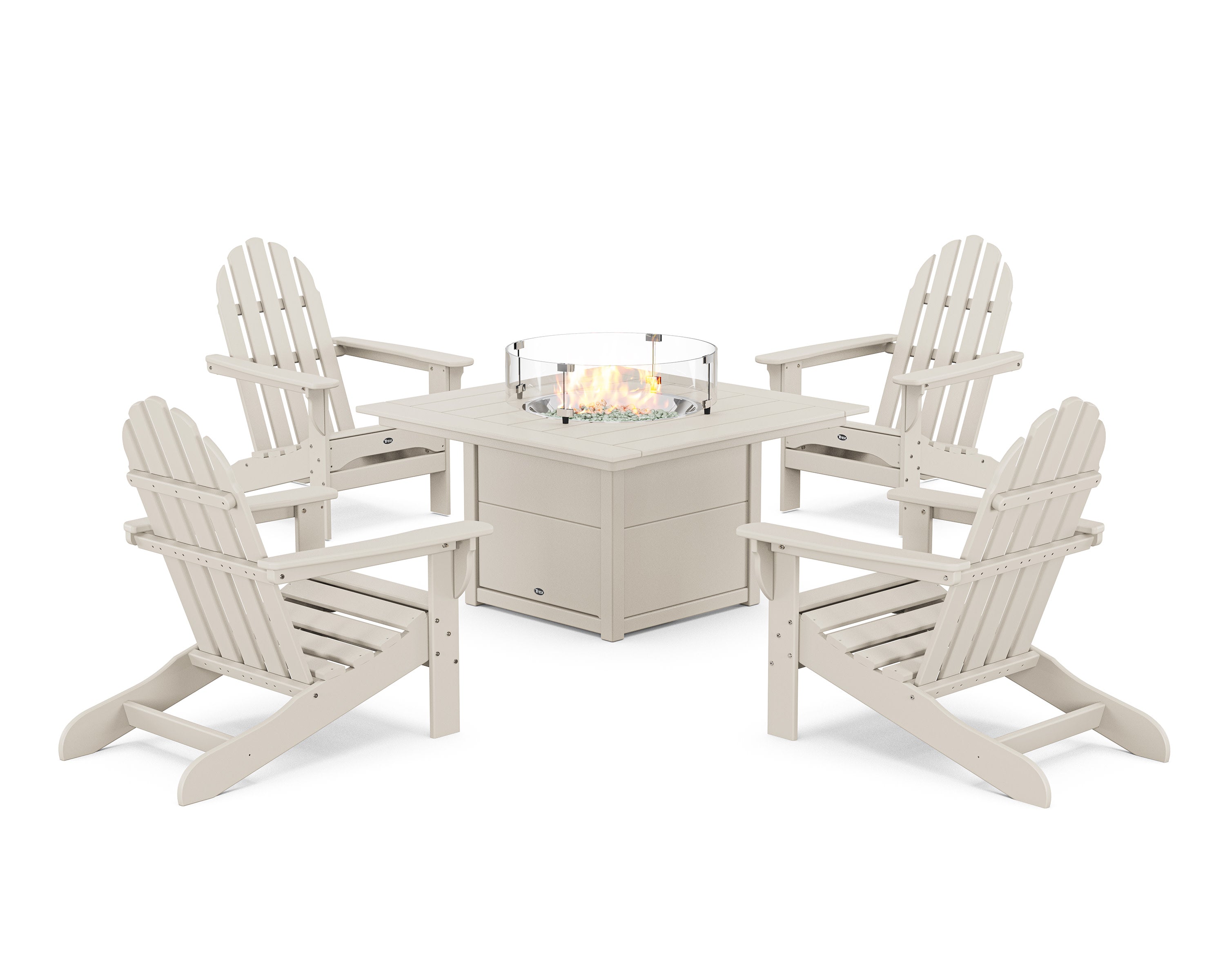 Cape Cod Adirondack 5-Piece Set with Square Fire Pit Table in Sand Castle
