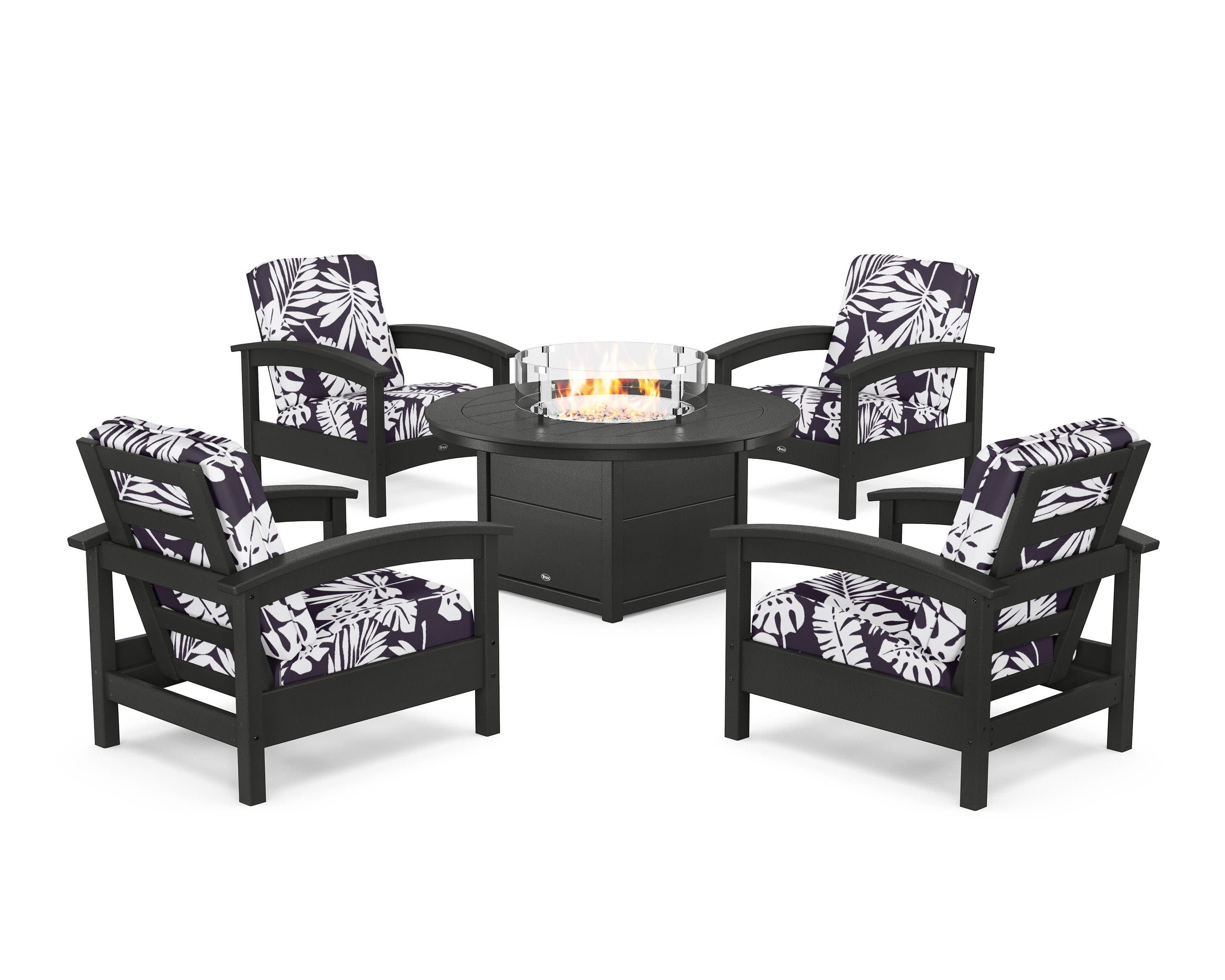 Rockport 5-Piece Deep Seating Set with Round Fire Pit Table in Charcoal Black / Leaf Navy