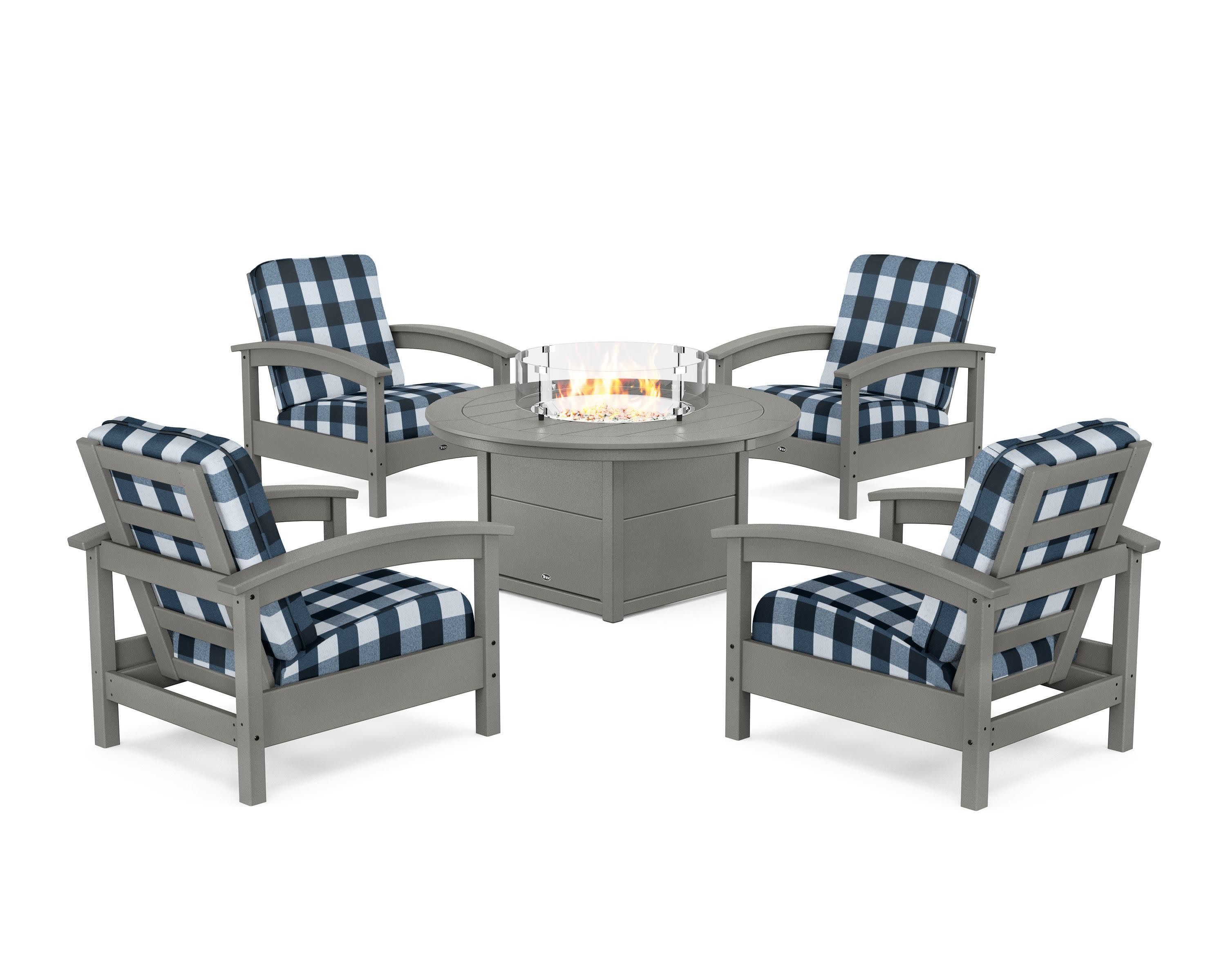 Rockport 5-Piece Deep Seating Set with Round Fire Pit Table in Stepping Stone / Buffalo Plaid Marine Indigo