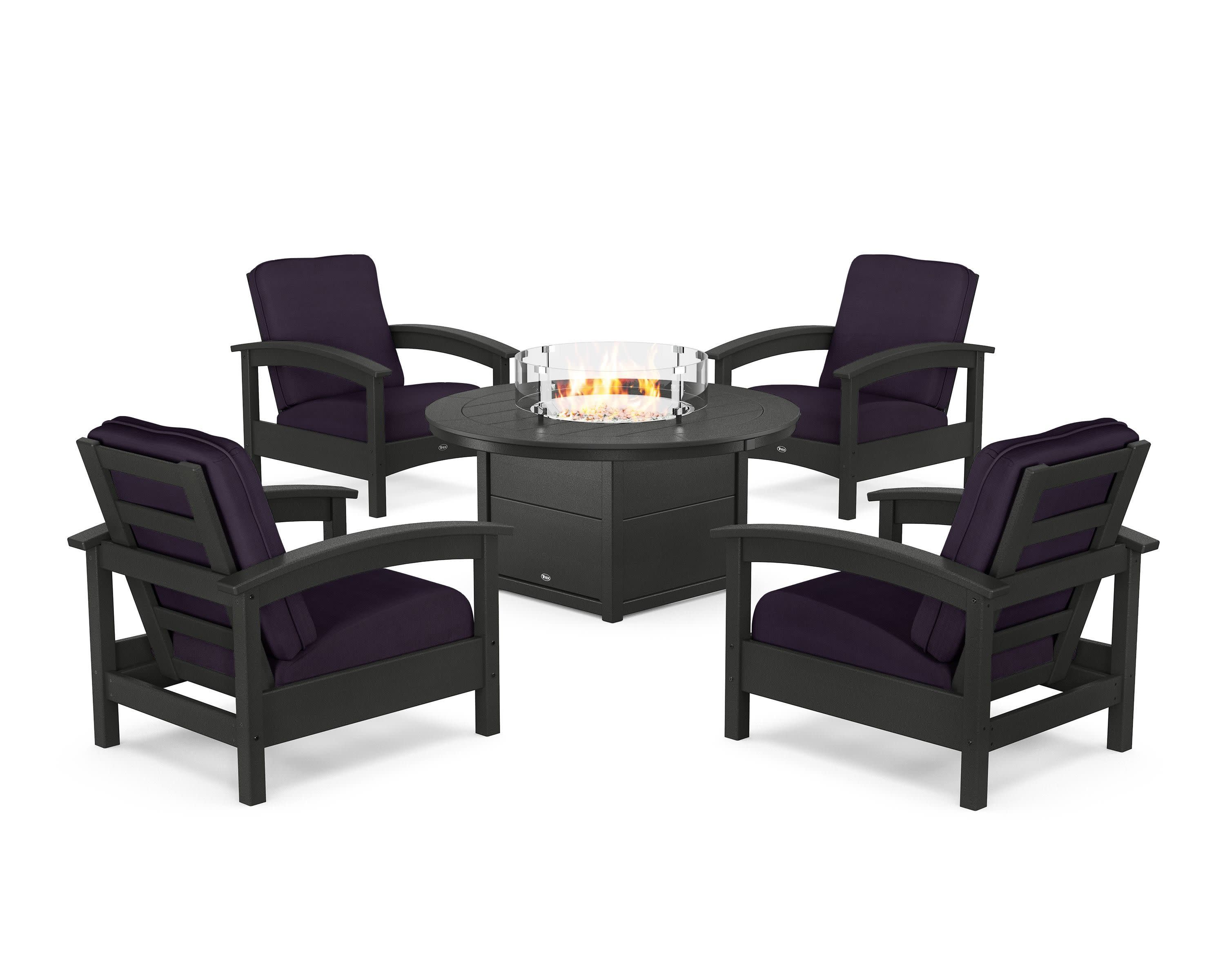 Rockport 5-Piece Deep Seating Set with Round Fire Pit Table in Charcoal Black / Navy Linen