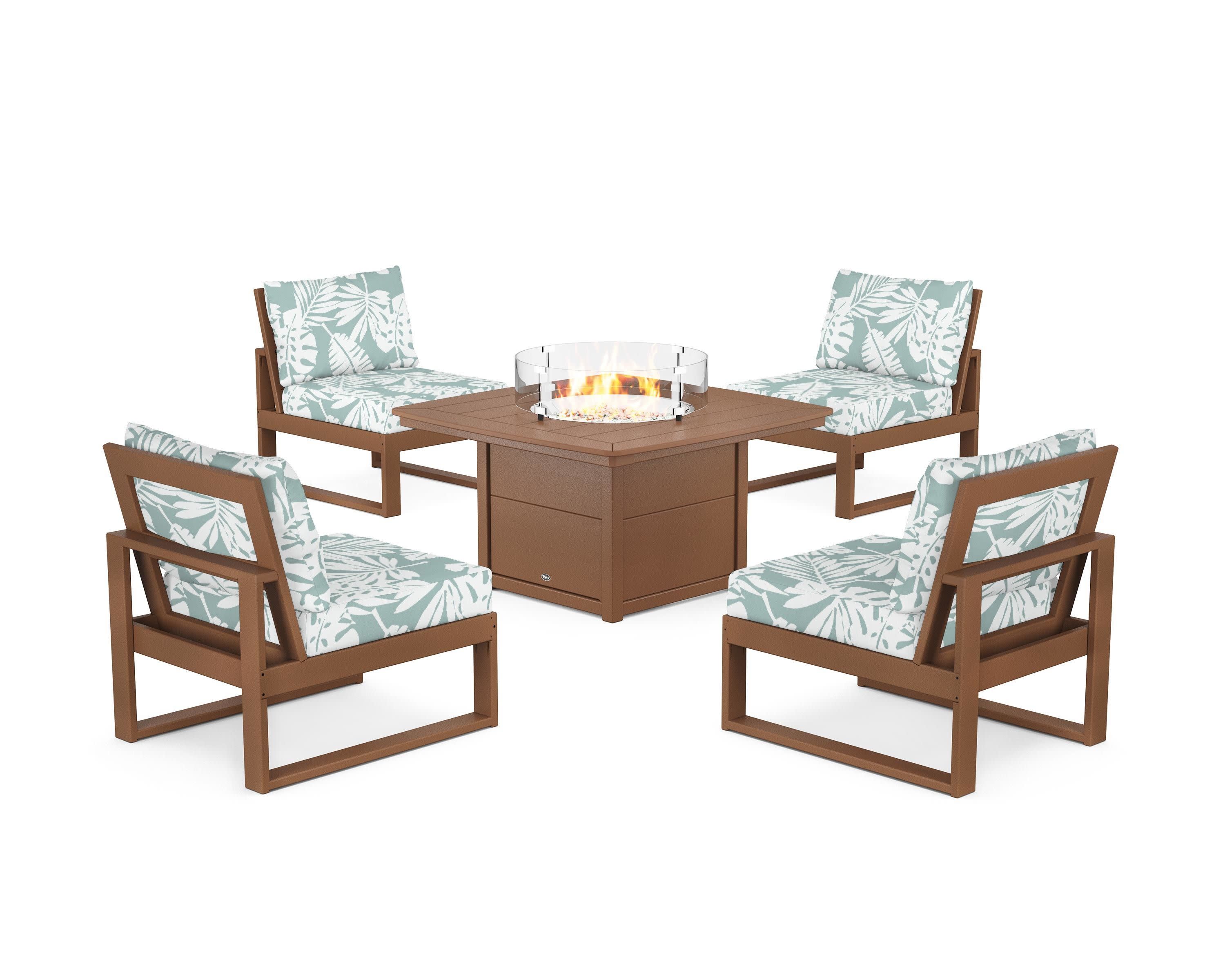 Eastport Modular 5-Piece Deep Seating Set with Yacht Club Fire Pit Table in Tree House / Leaf Glacier Spa