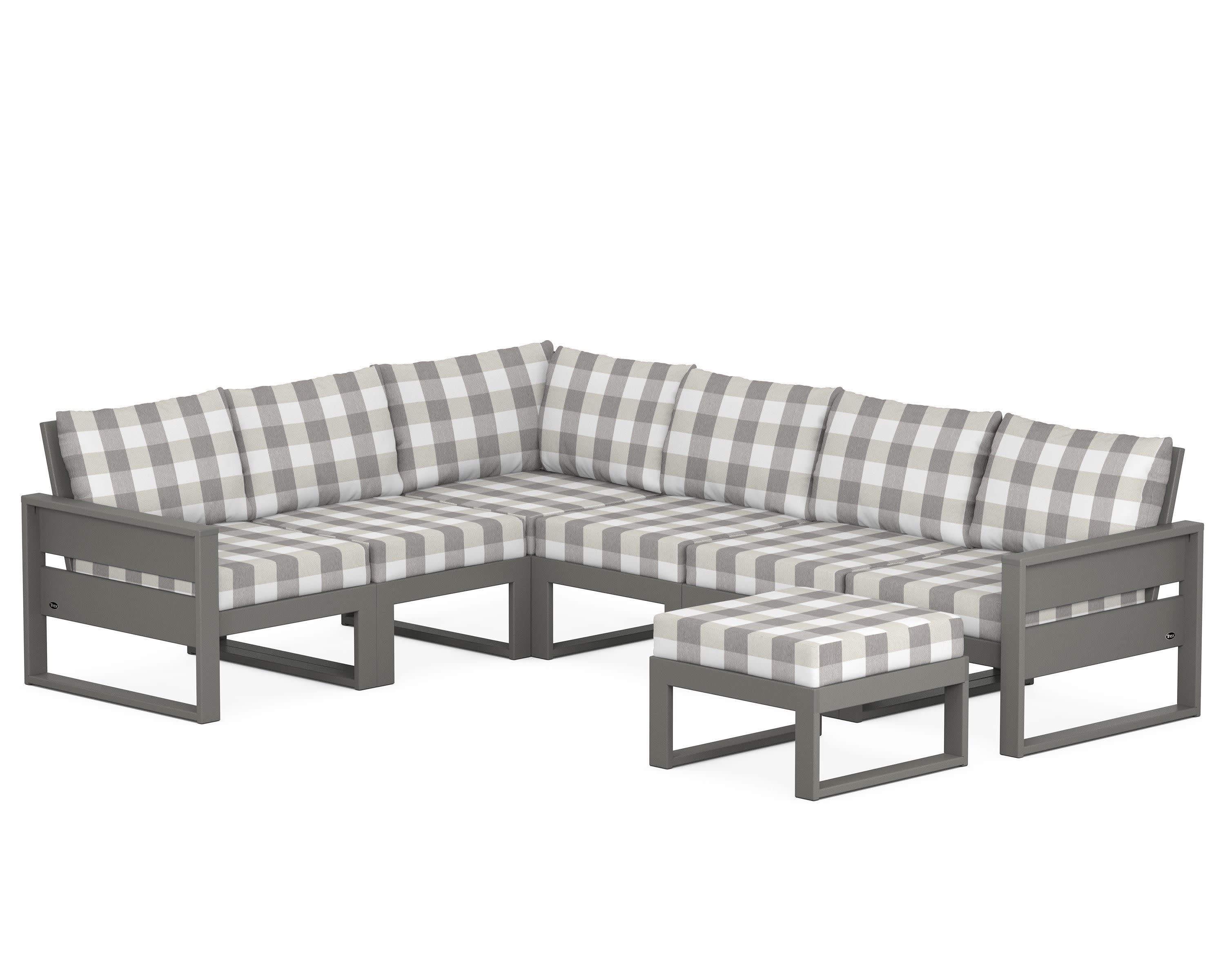 Eastport 6-Piece Sectional with Ottoman in Stepping Stone / Buffalo Plaid Grey Mist