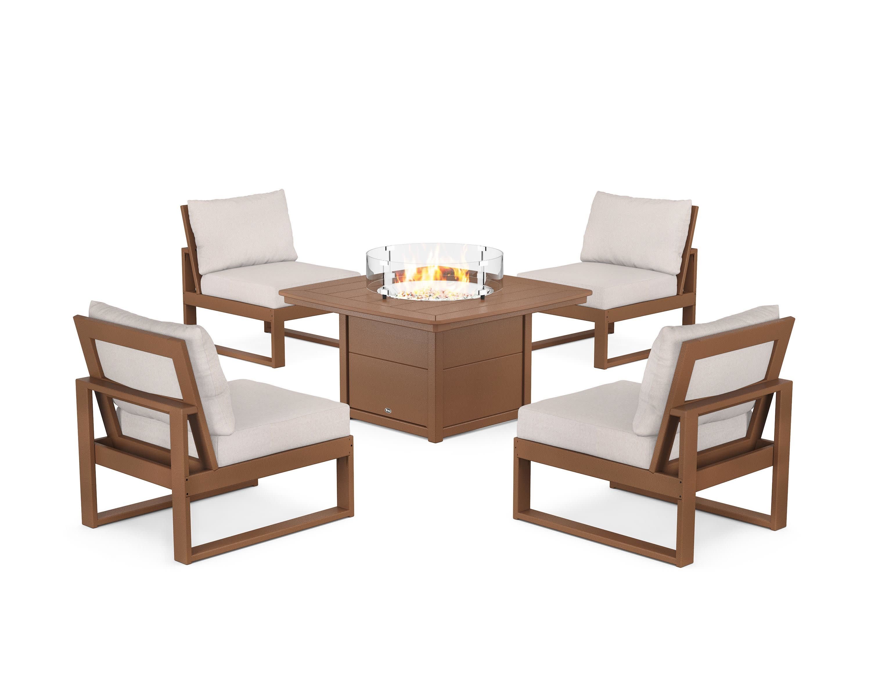 Eastport Modular 5-Piece Deep Seating Set with Yacht Club Fire Pit Table in Tree House / Dune Burlap