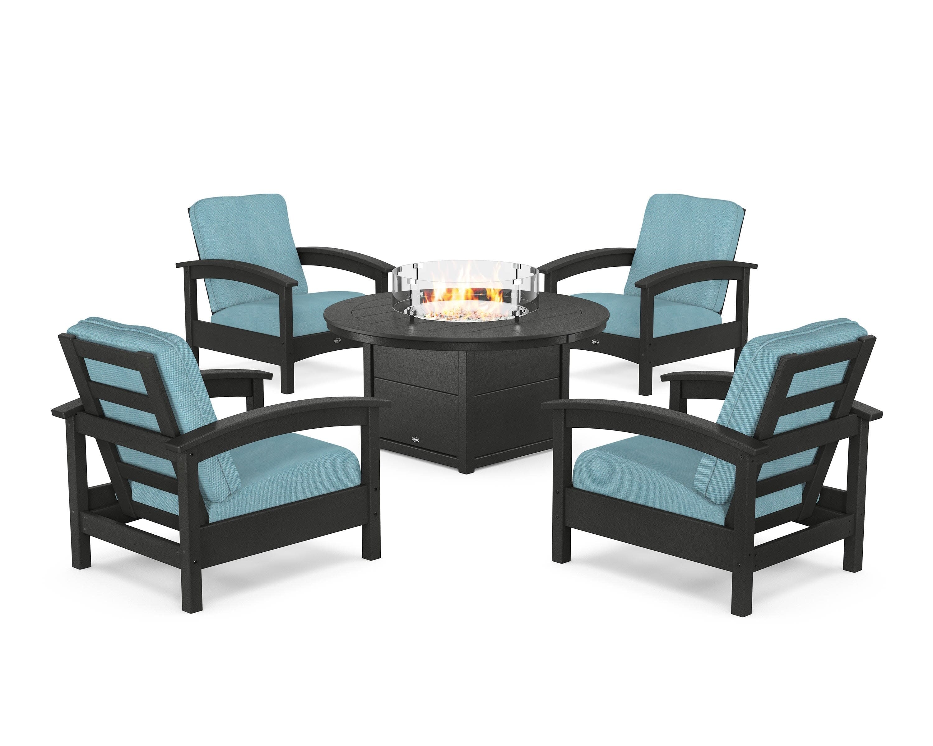Rockport 5-Piece Deep Seating Set with Round Fire Pit Table in Charcoal Black / Lattice Sky Blue