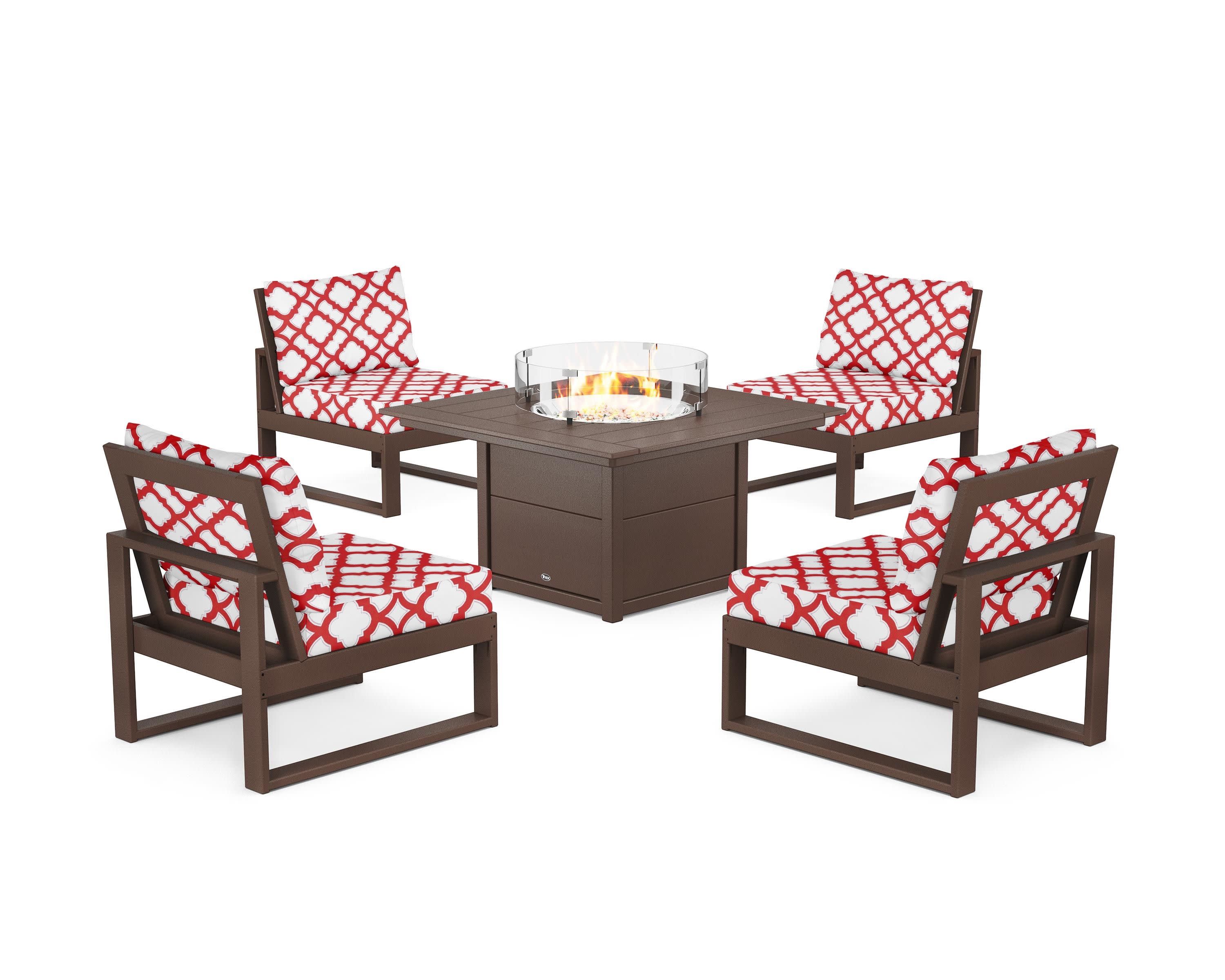 Eastport Modular 5-Piece Deep Seating Set with Square Fire Pit Table in Vintage Lantern / Trellis Crimson