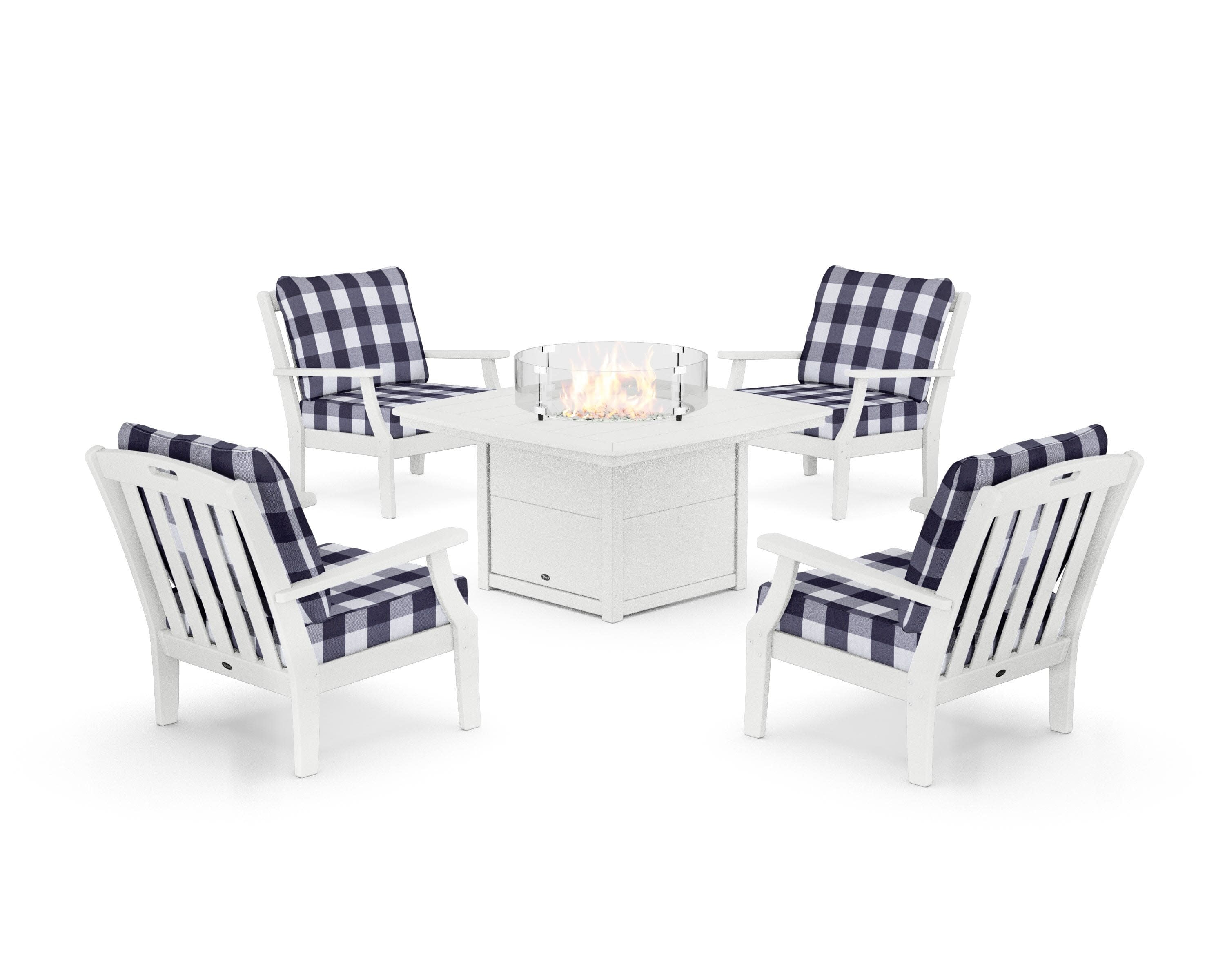 Yacht Club 5-Piece Deep Seating Set with Fire Pit Table in Classic White / Buffalo Plaid Navy