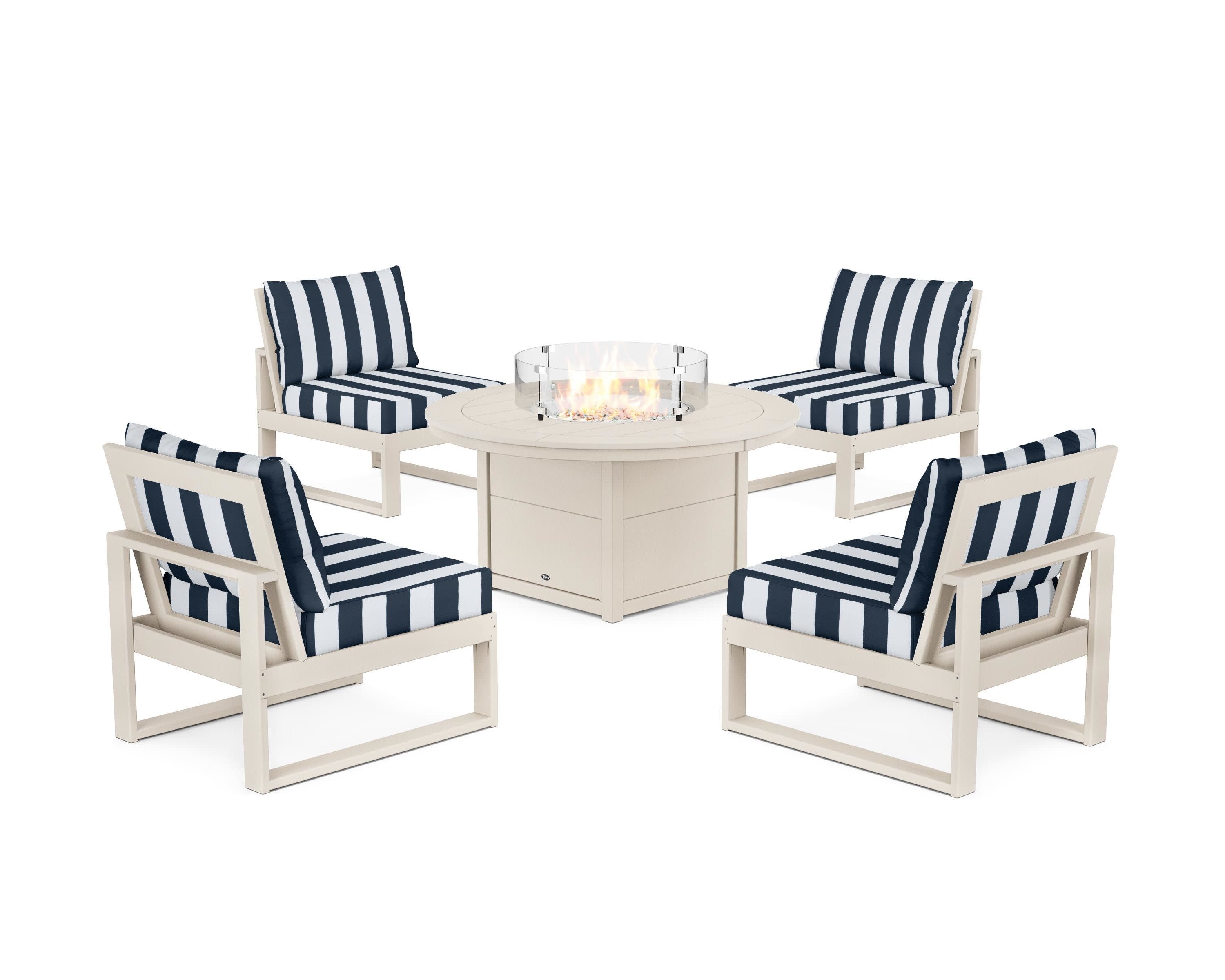 Eastport Modular 5-Piece Deep Seating Set with Round Fire Pit Table in Sand Castle / Cabana Stripe Marine Indigo