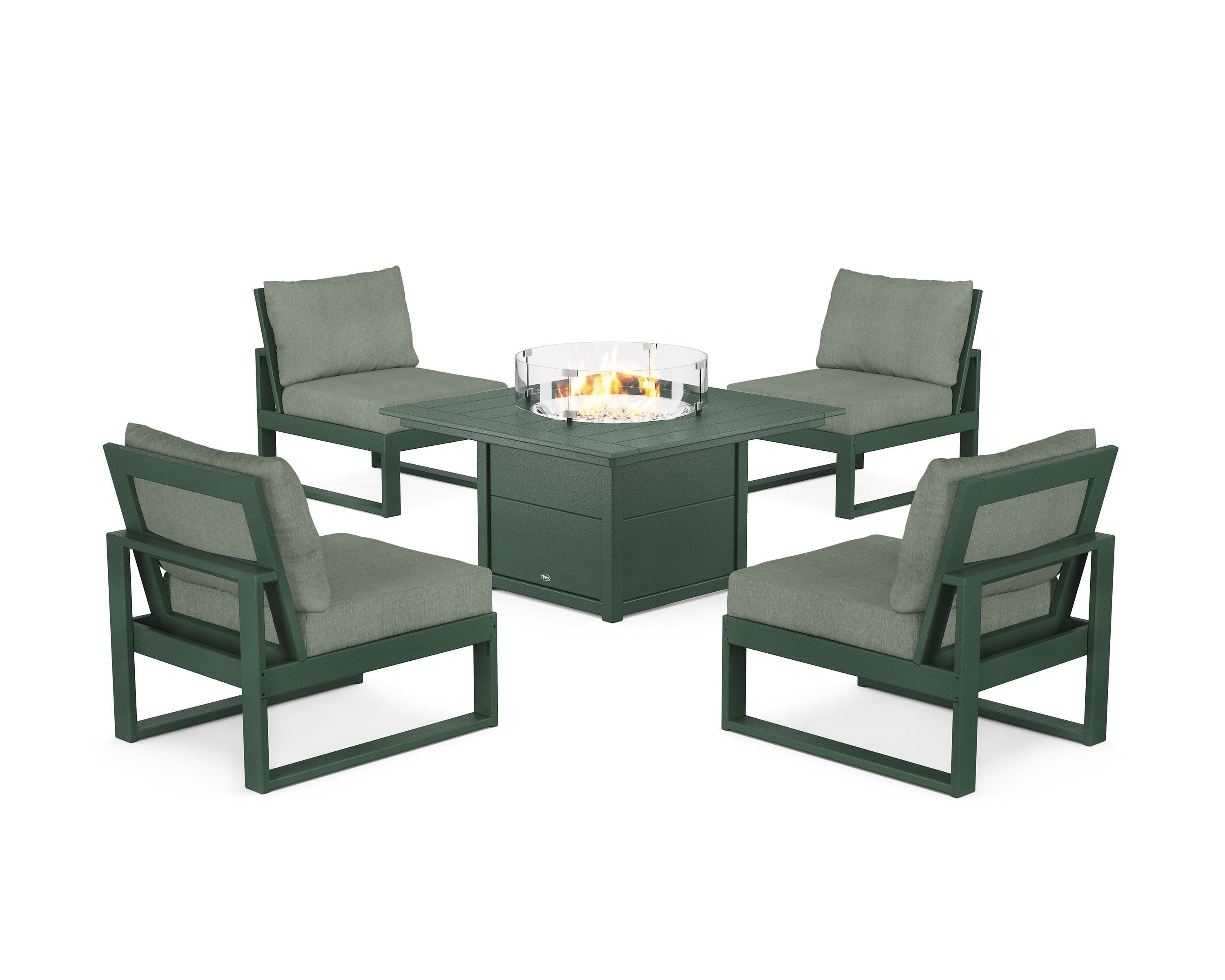 Eastport Modular 5-Piece Deep Seating Set with Square Fire Pit Table in Rainforest Canopy / Cast Sage