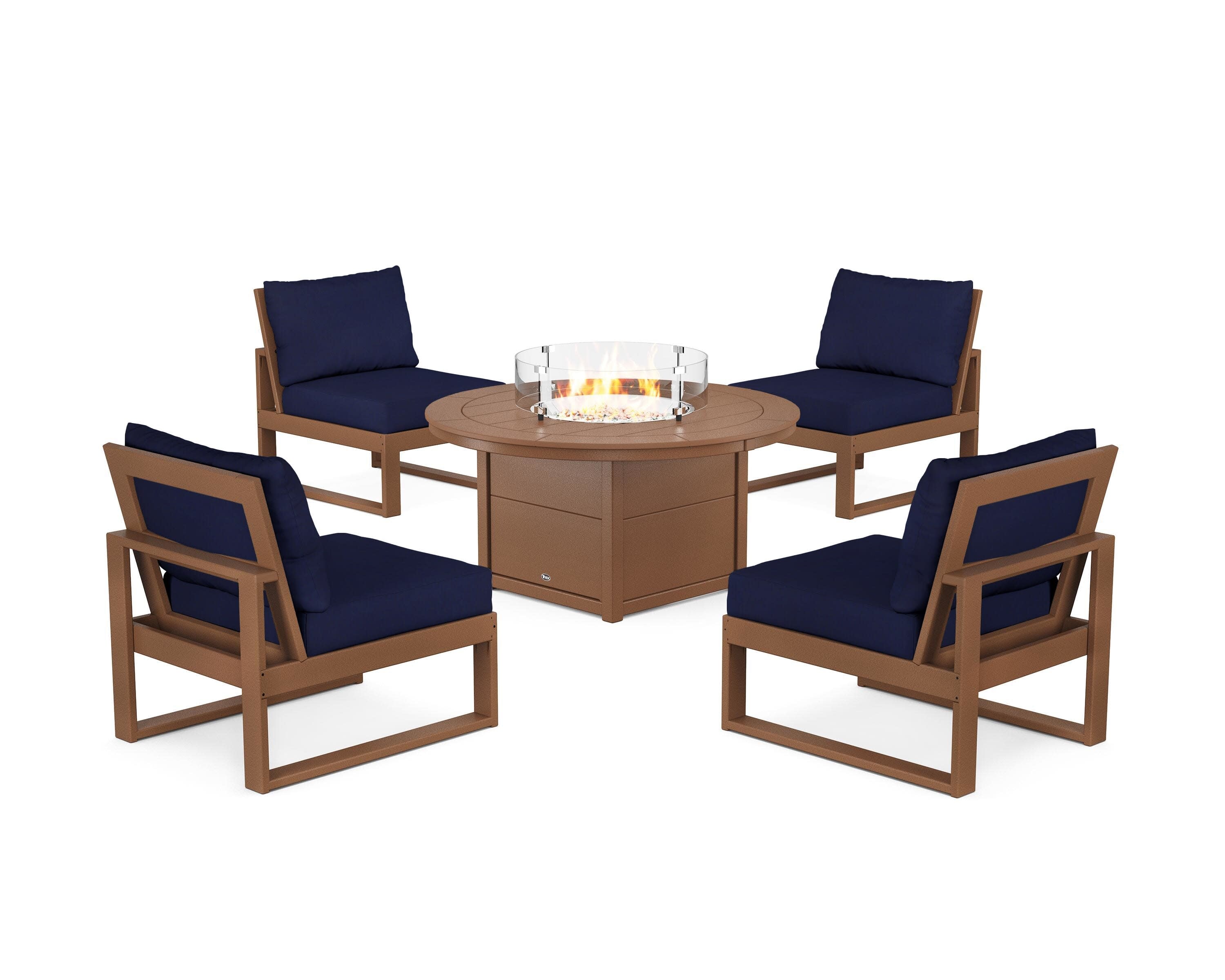 Eastport Modular 5-Piece Deep Seating Set with Round Fire Pit Table in Tree House / Navy