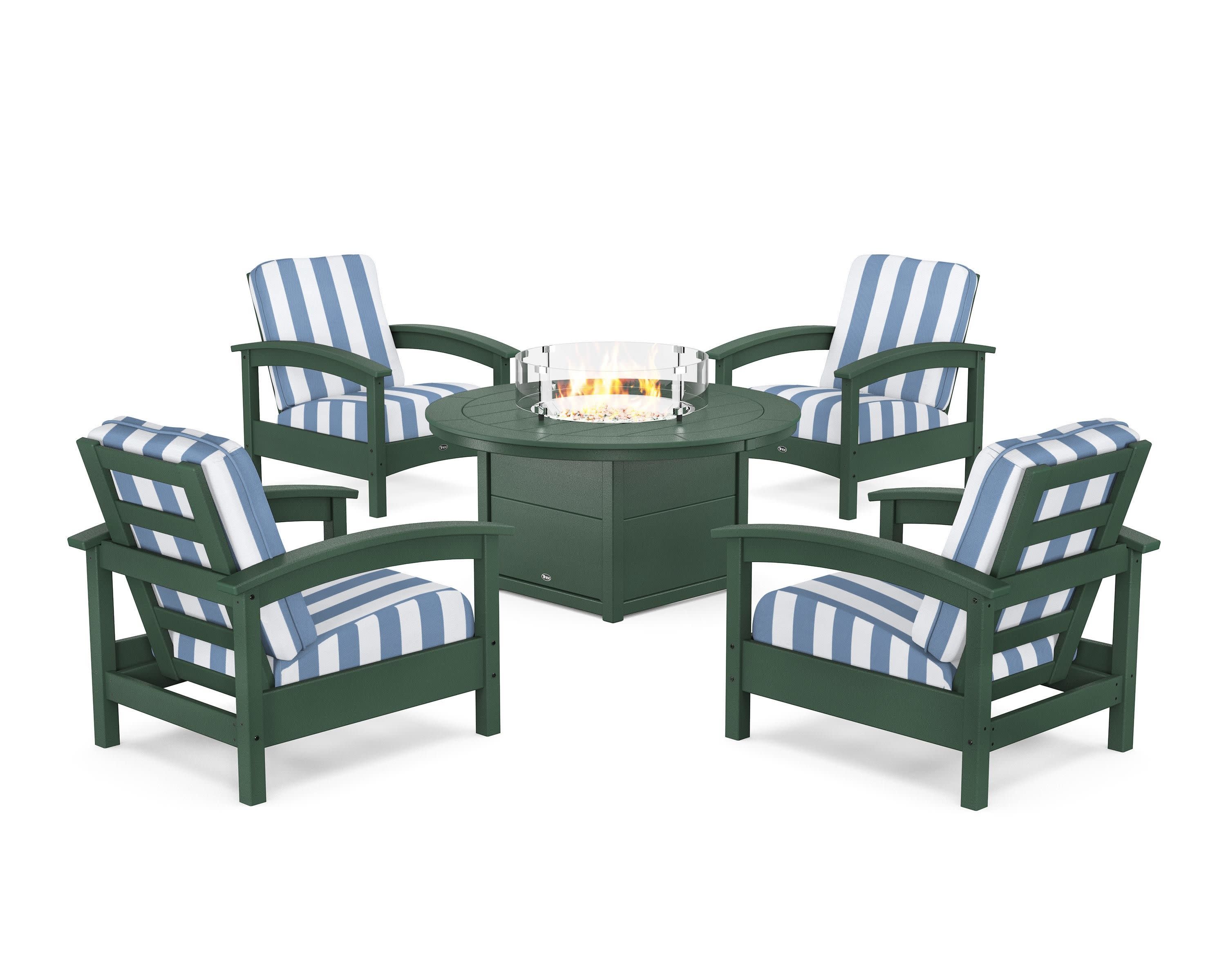 Rockport 5-Piece Deep Seating Set with Round Fire Pit Table in Rainforest Canopy / Cabana Stripe Sky Blue