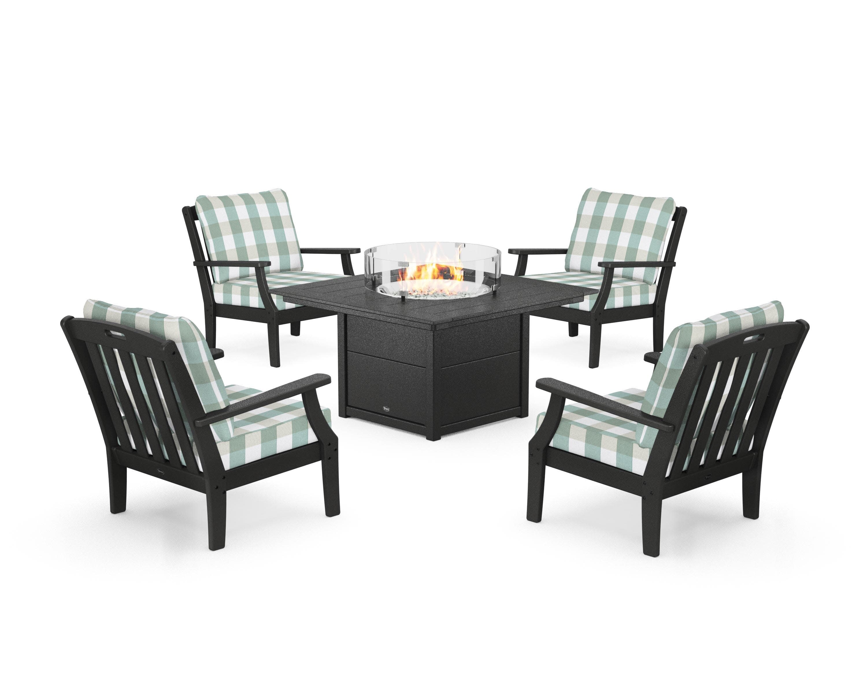 Yacht Club 5-Piece Deep Seating Set with Square Fire Pit Table in Charcoal Black / Buffalo Plaid Glacier Spa