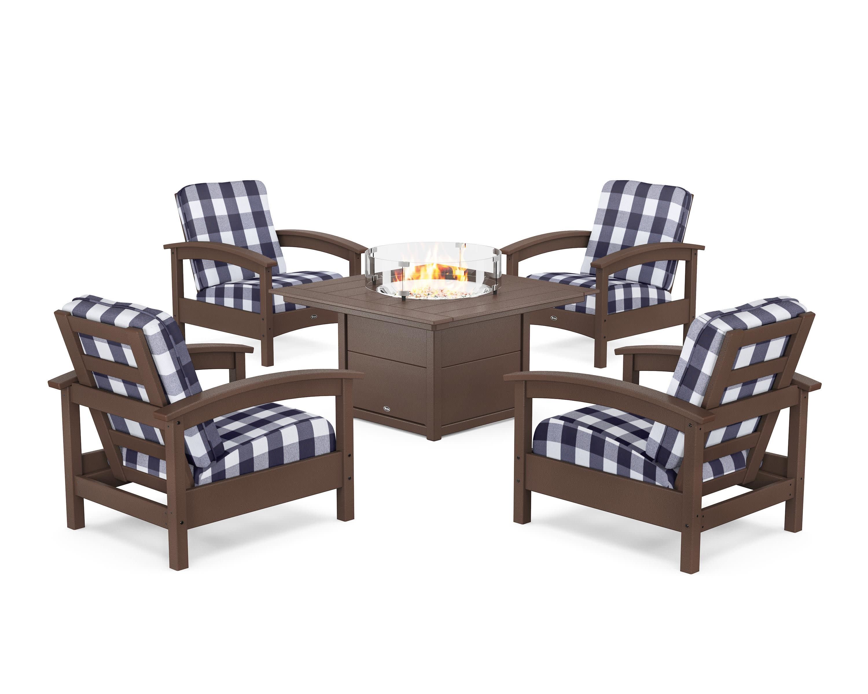 Rockport 5-Piece Deep Seating Set with Square Fire Pit Table in Vintage Lantern / Buffalo Plaid Navy