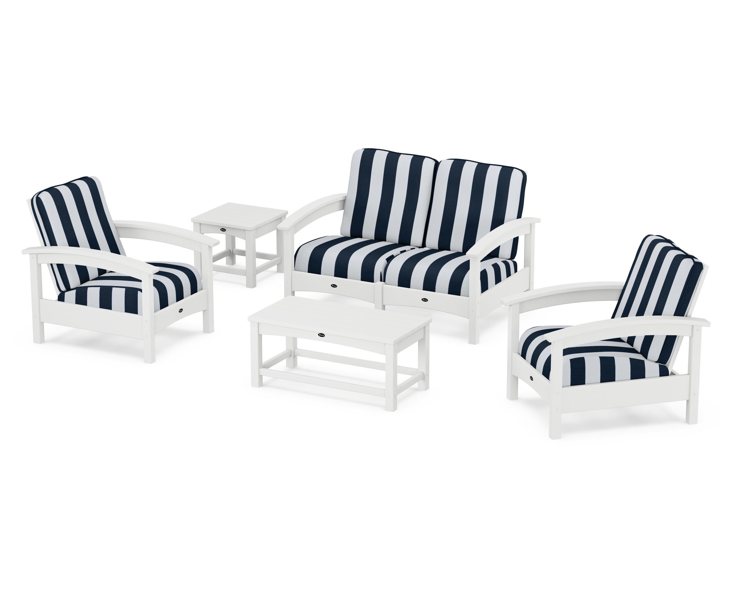 Rockport Club 6-Piece Deep Seating Conversation Set in Classic White / Cabana Stripe Marine Indigo