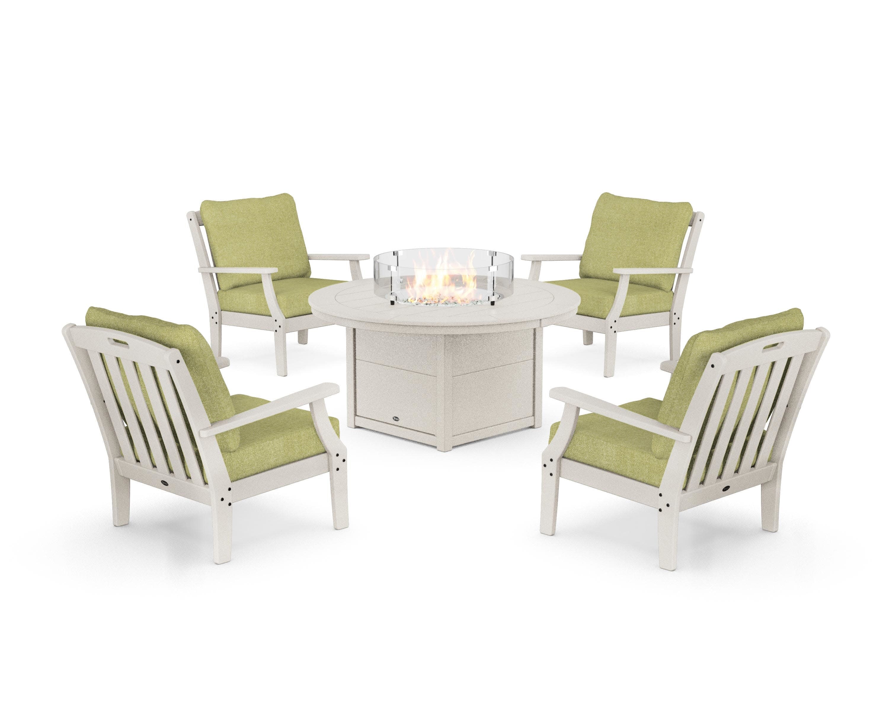 Yacht Club 5-Piece Deep Seating Set with Round Fire Pit Table in Sand Castle / Chartreuse Boucle