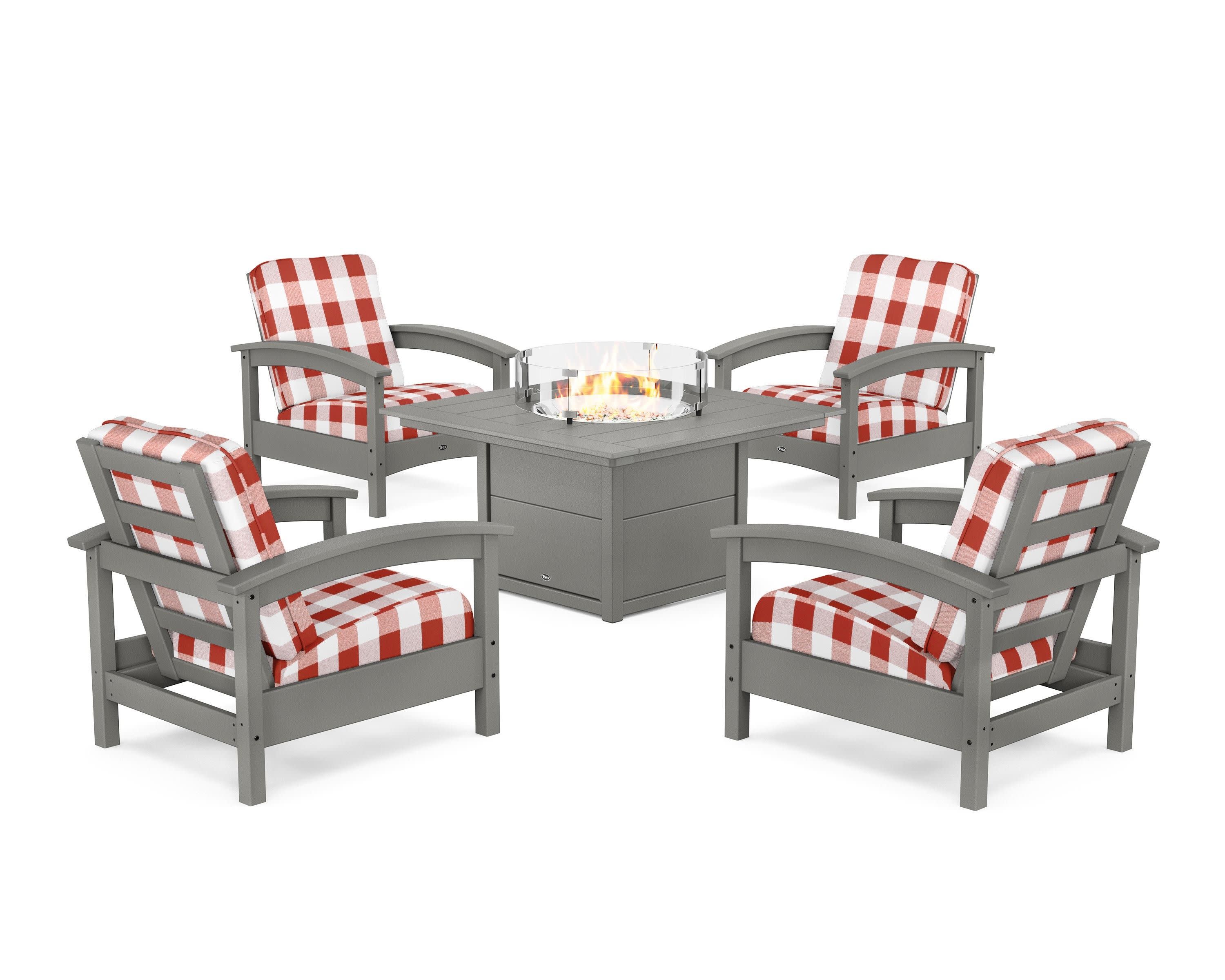 Rockport 5-Piece Deep Seating Set with Square Fire Pit Table in Stepping Stone / Buffalo Plaid Crimson