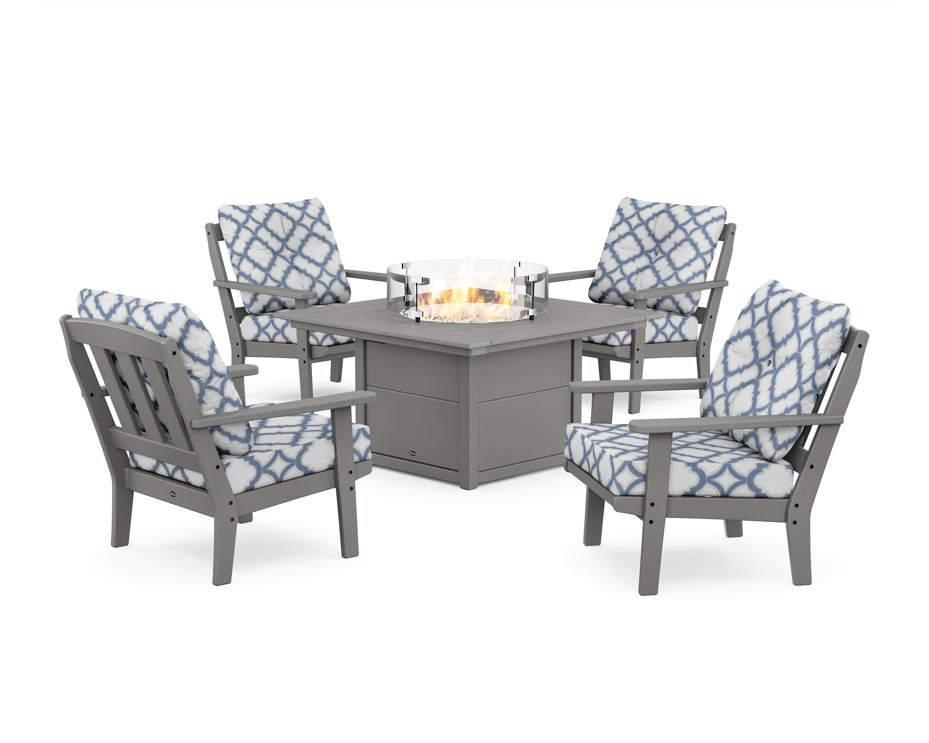 Cape Cod 5-Piece Deep Seating Set with Fire Pit Table in Stepping Stone / Trellis Sky Blue