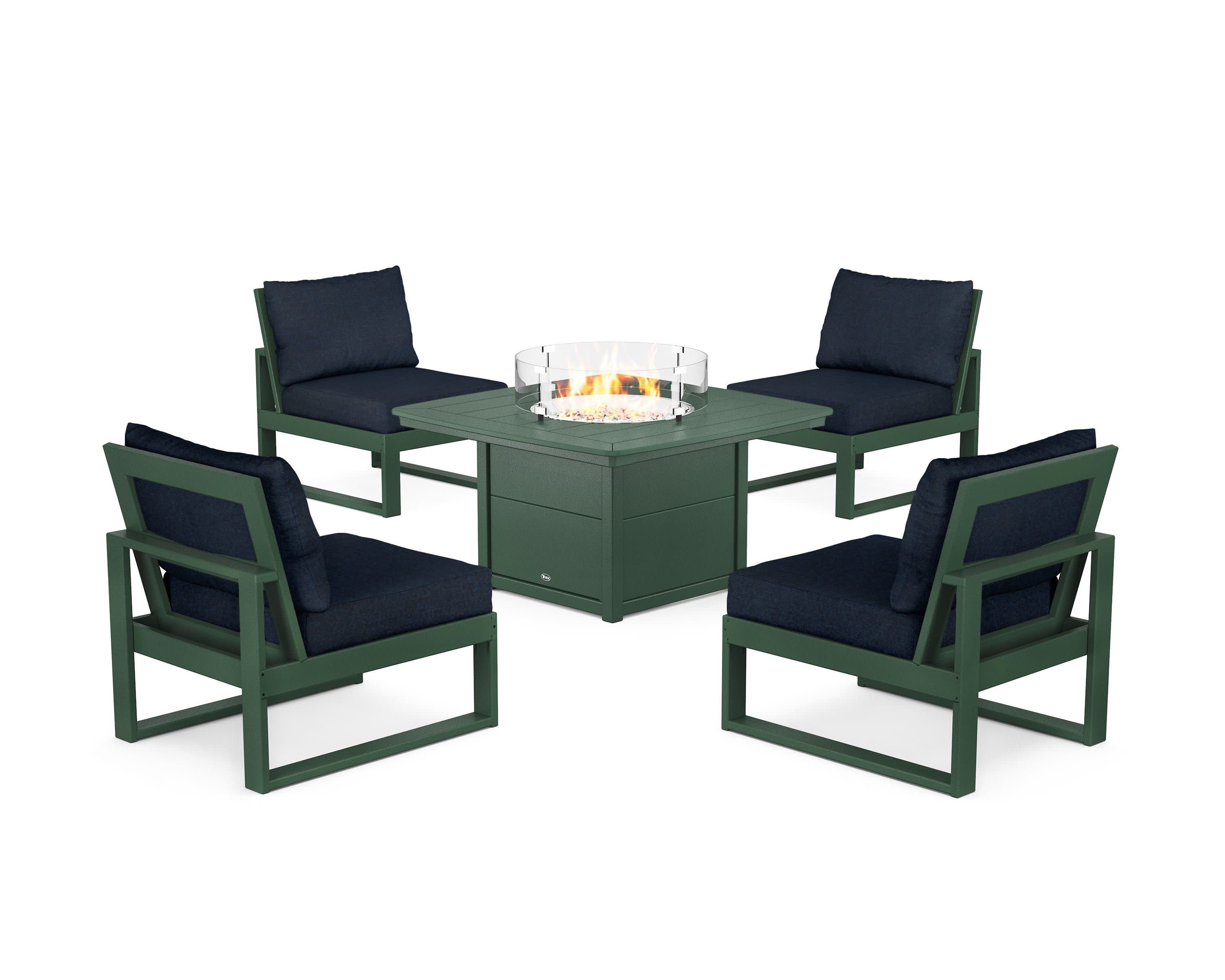 Eastport Modular 5-Piece Deep Seating Set with Yacht Club Fire Pit Table in Rainforest Canopy / Marine Indigo