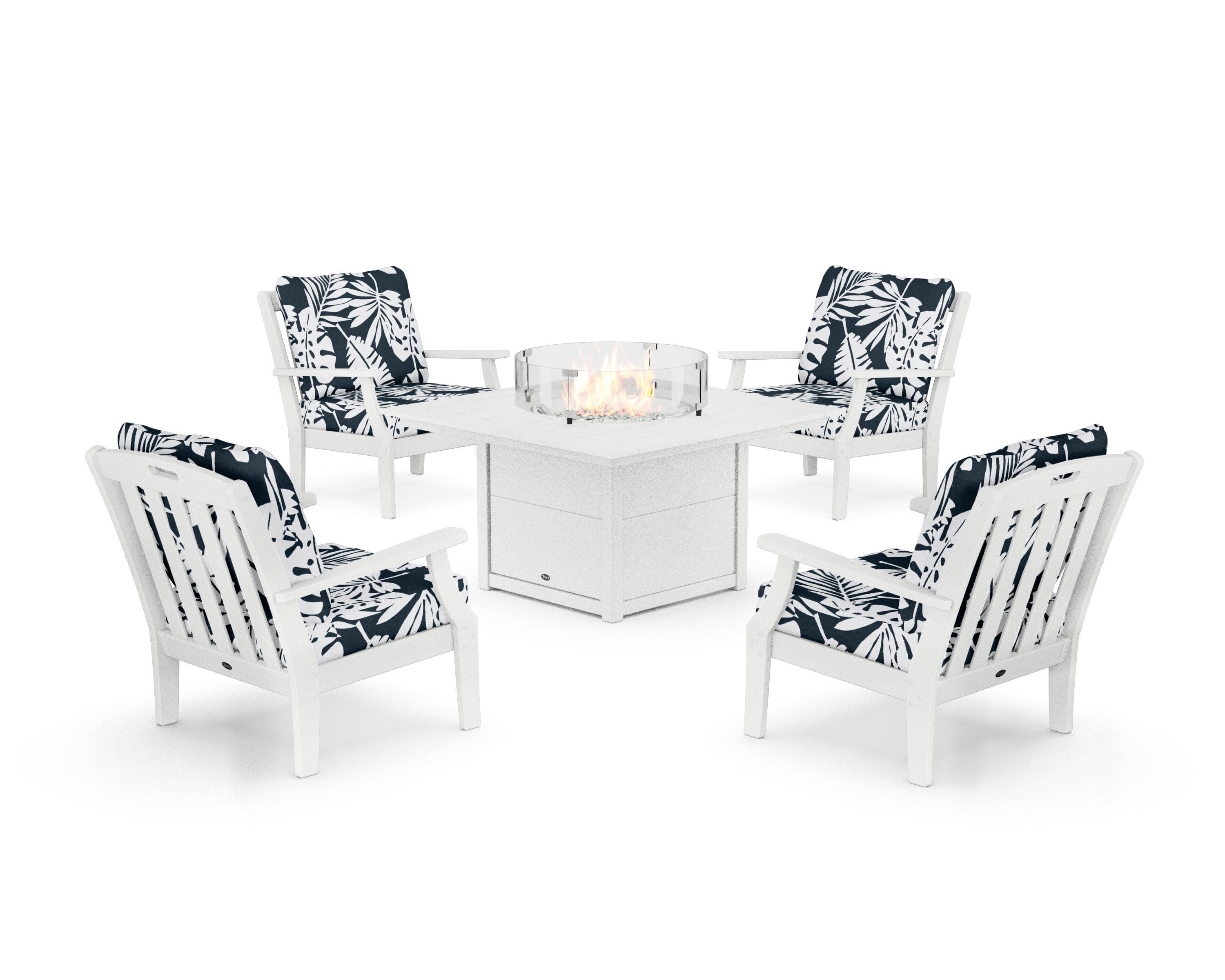 Yacht Club 5-Piece Deep Seating Set with Square Fire Pit Table in Classic White / Leaf Marine Indigo