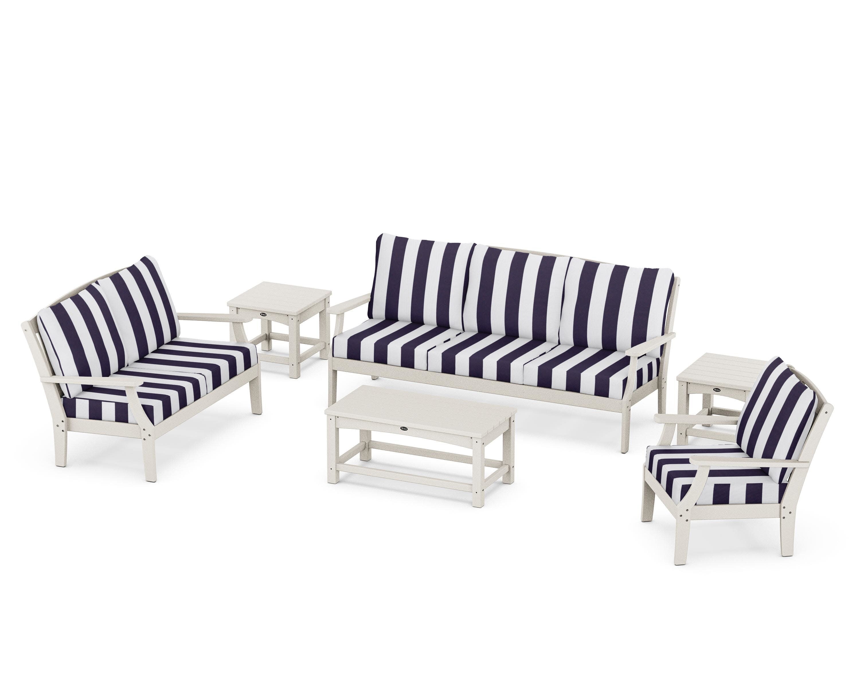 Yacht Club 6-Piece Deep Seating Set in Sand Castle / Cabana Stripe Navy