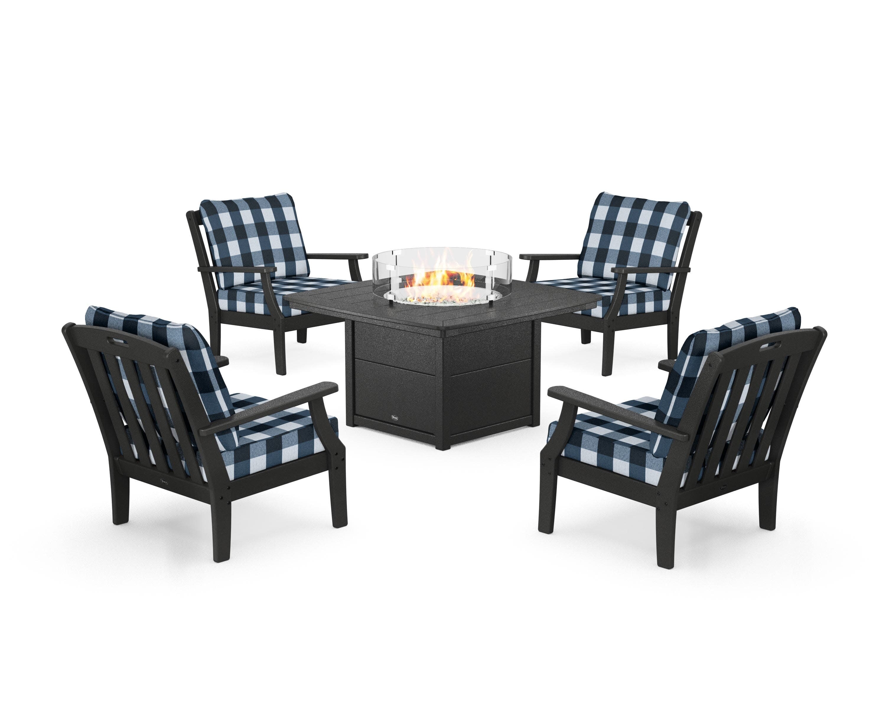 Yacht Club 5-Piece Deep Seating Set with Fire Pit Table in Charcoal Black / Buffalo Plaid Marine Indigo