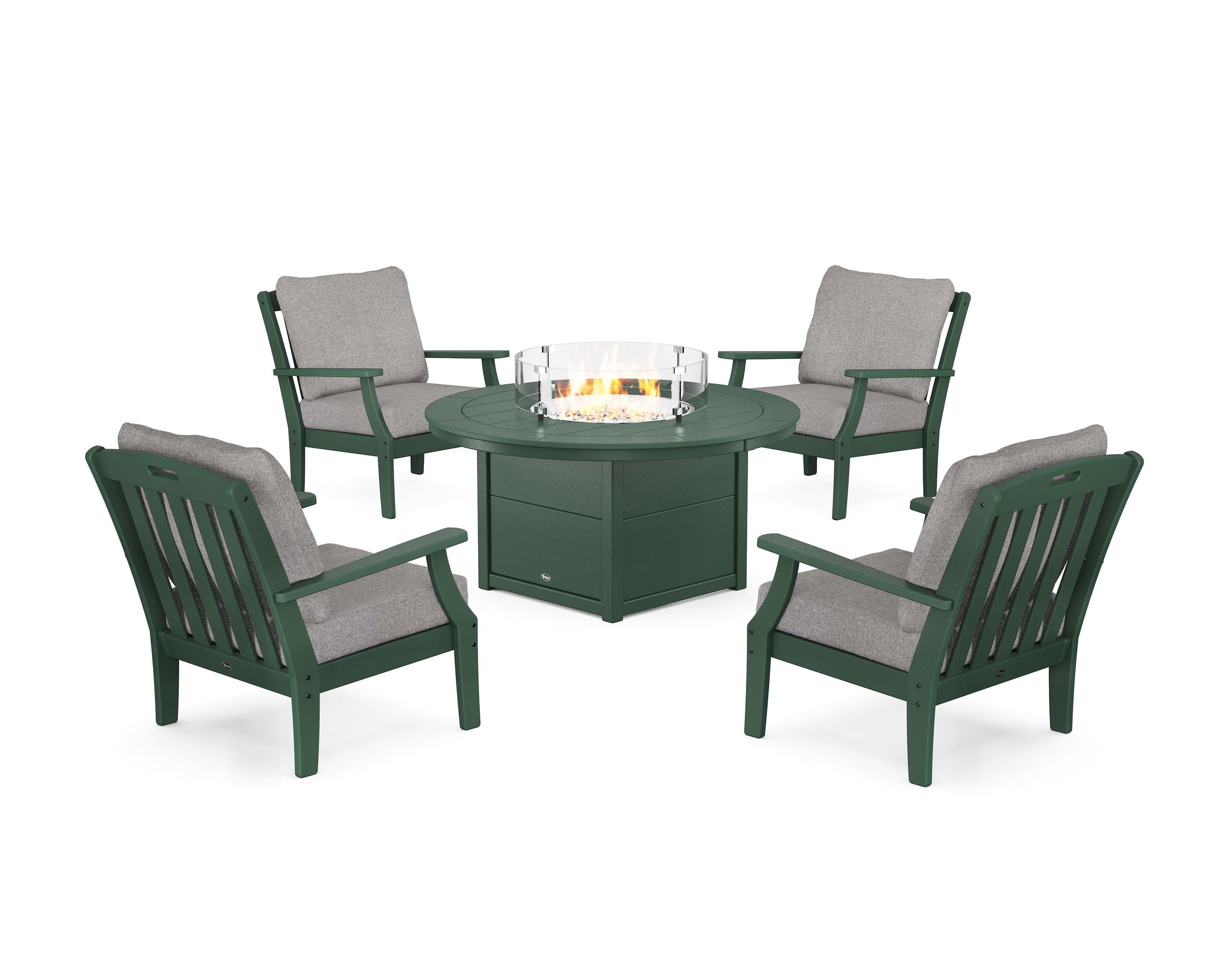 Yacht Club 5-Piece Deep Seating Set with Round Fire Pit Table in Rainforest Canopy / Grey Mist