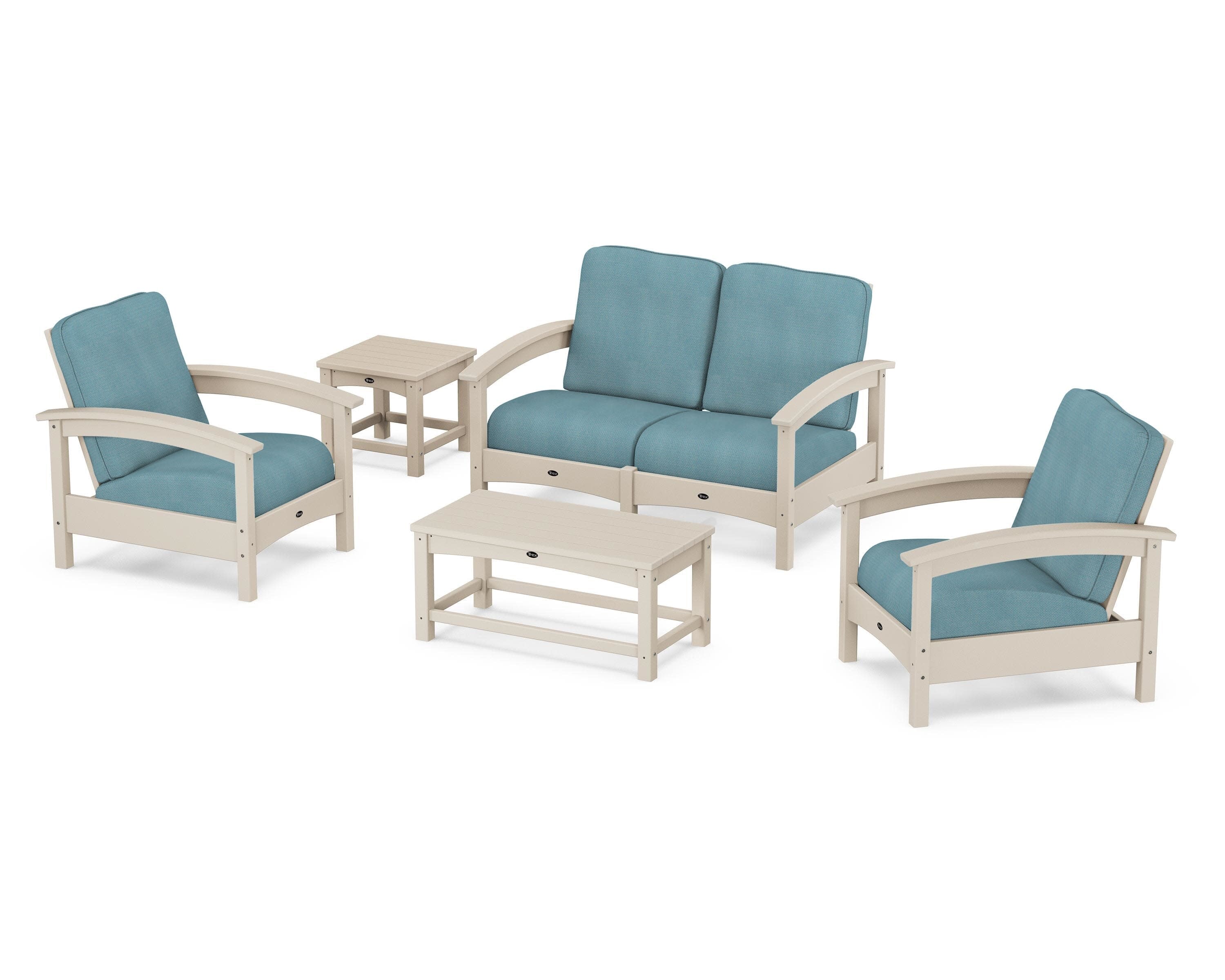 Rockport Club 6-Piece Deep Seating Conversation Set in Sand Castle / Lattice Sky Blue