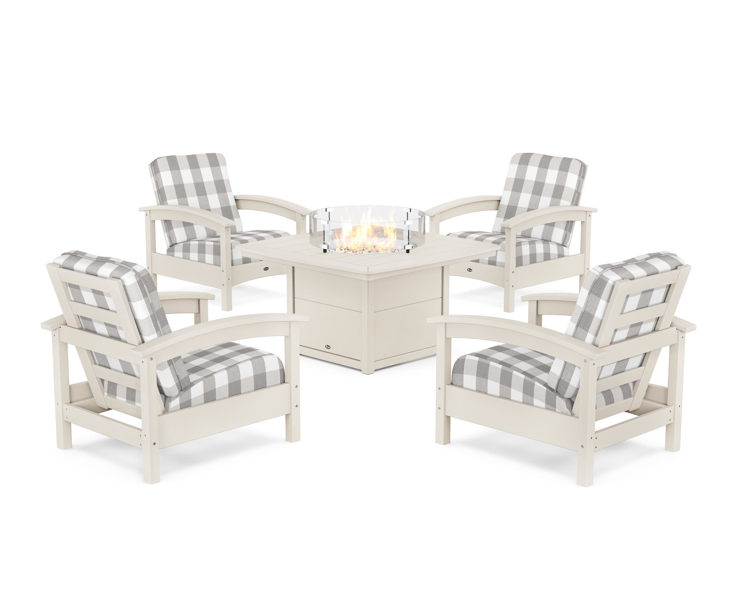 Rockport 5-Piece Deep Seating Set with Yacht Club Fire Pit Table in Sand Castle / Buffalo Plaid Grey Mist