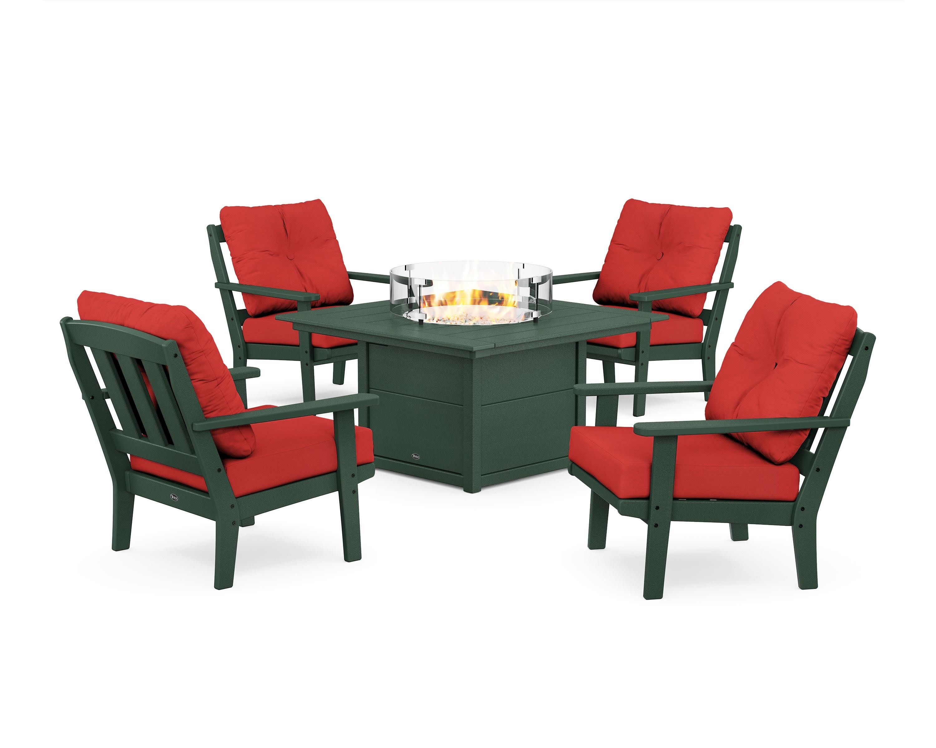 Cape Cod 5-Piece Deep Seating Set with Fire Pit Table in Rainforest Canopy / Crimson Linen