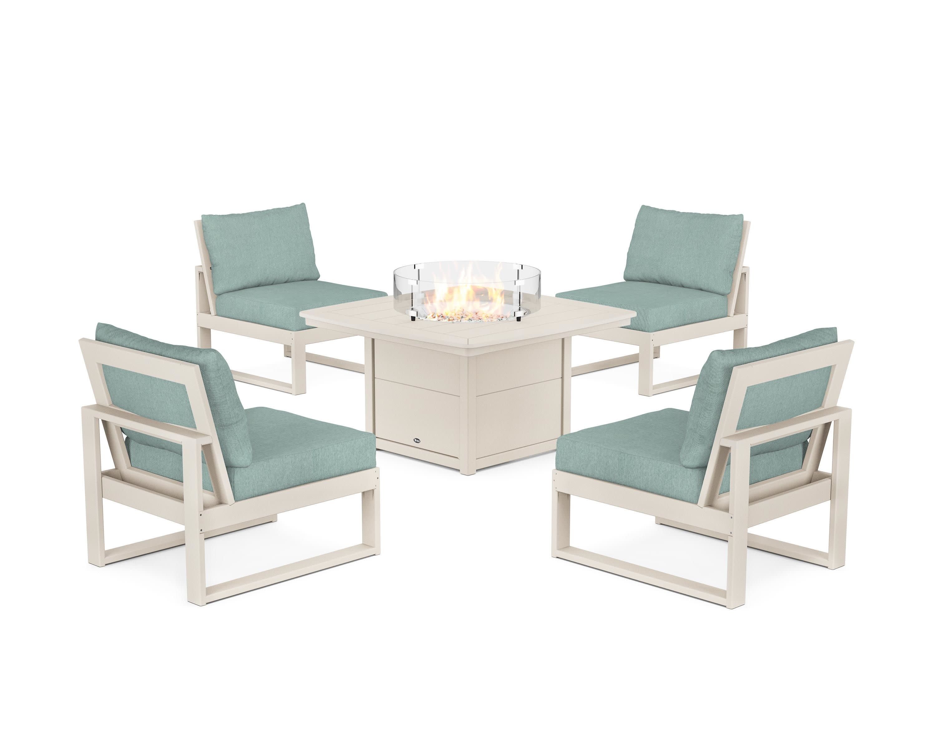 Eastport Modular 5-Piece Deep Seating Set with Yacht Club Fire Pit Table in Sand Castle / Glacier Spa
