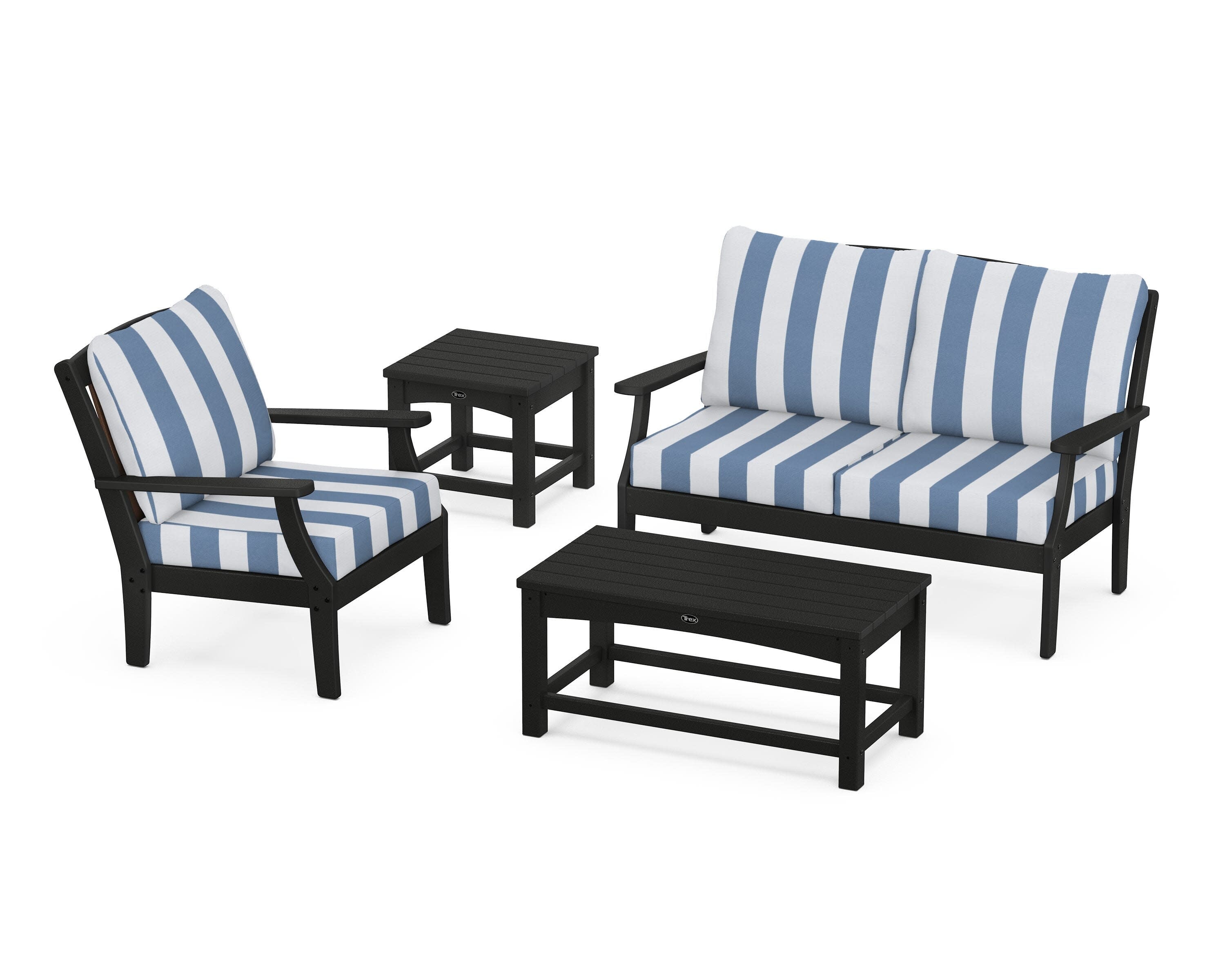 Yacht Club 4-Piece Deep Seating Set in Charcoal Black / Cabana Stripe Sky Blue