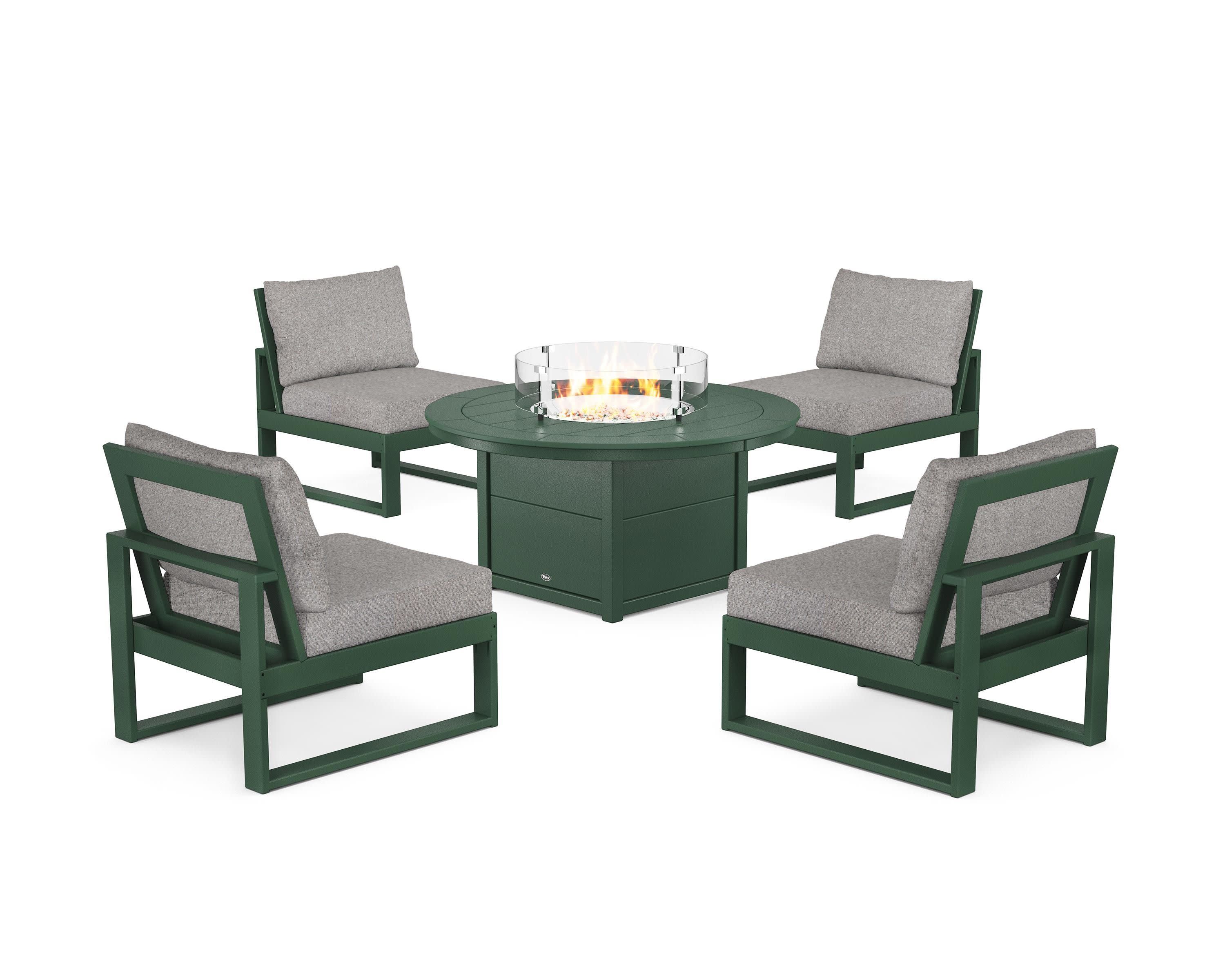 Eastport Modular 5-Piece Deep Seating Set with Round Fire Pit Table in Rainforest Canopy / Grey Mist
