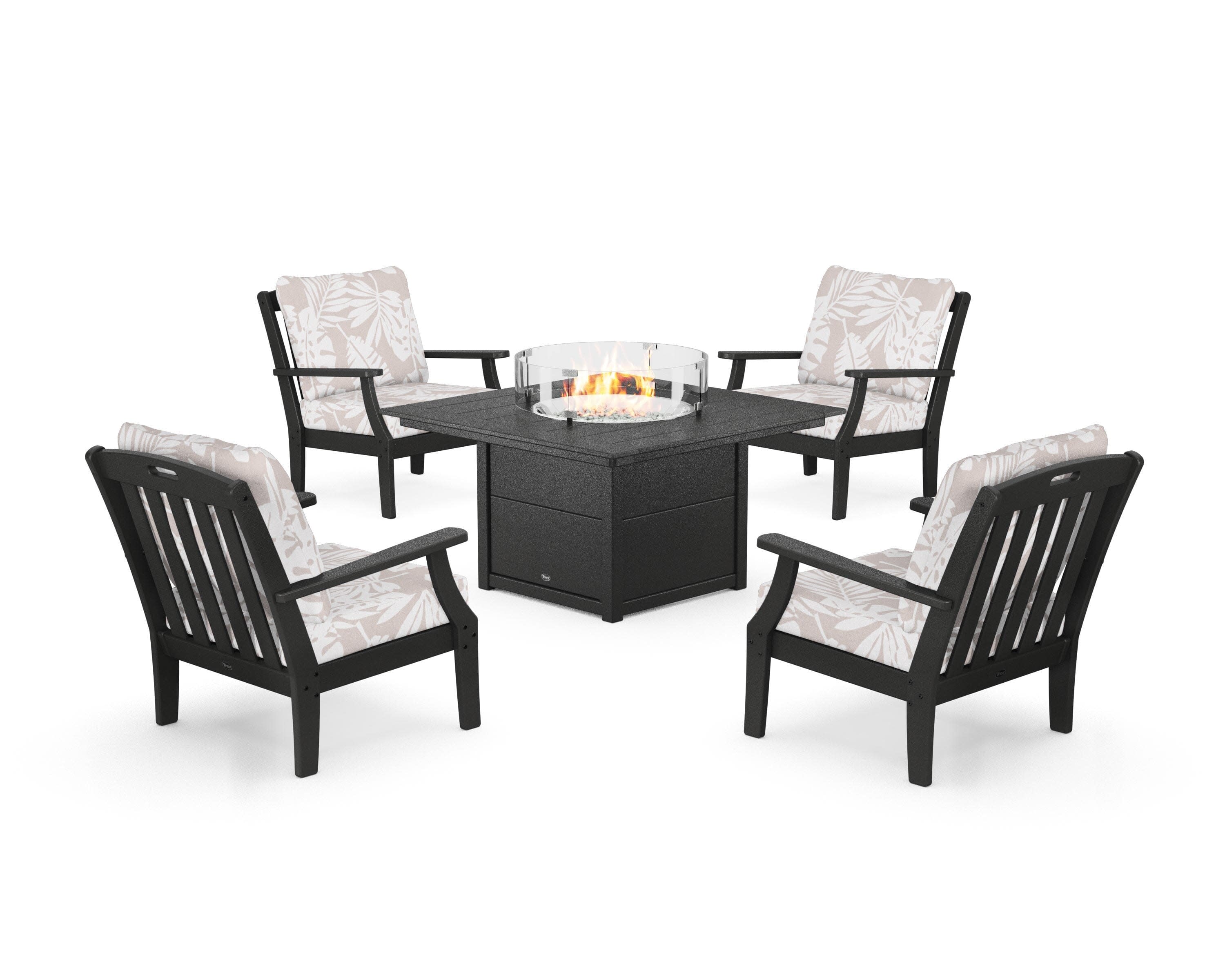 Yacht Club 5-Piece Deep Seating Set with Square Fire Pit Table in Charcoal Black / Leaf Dune Burlap