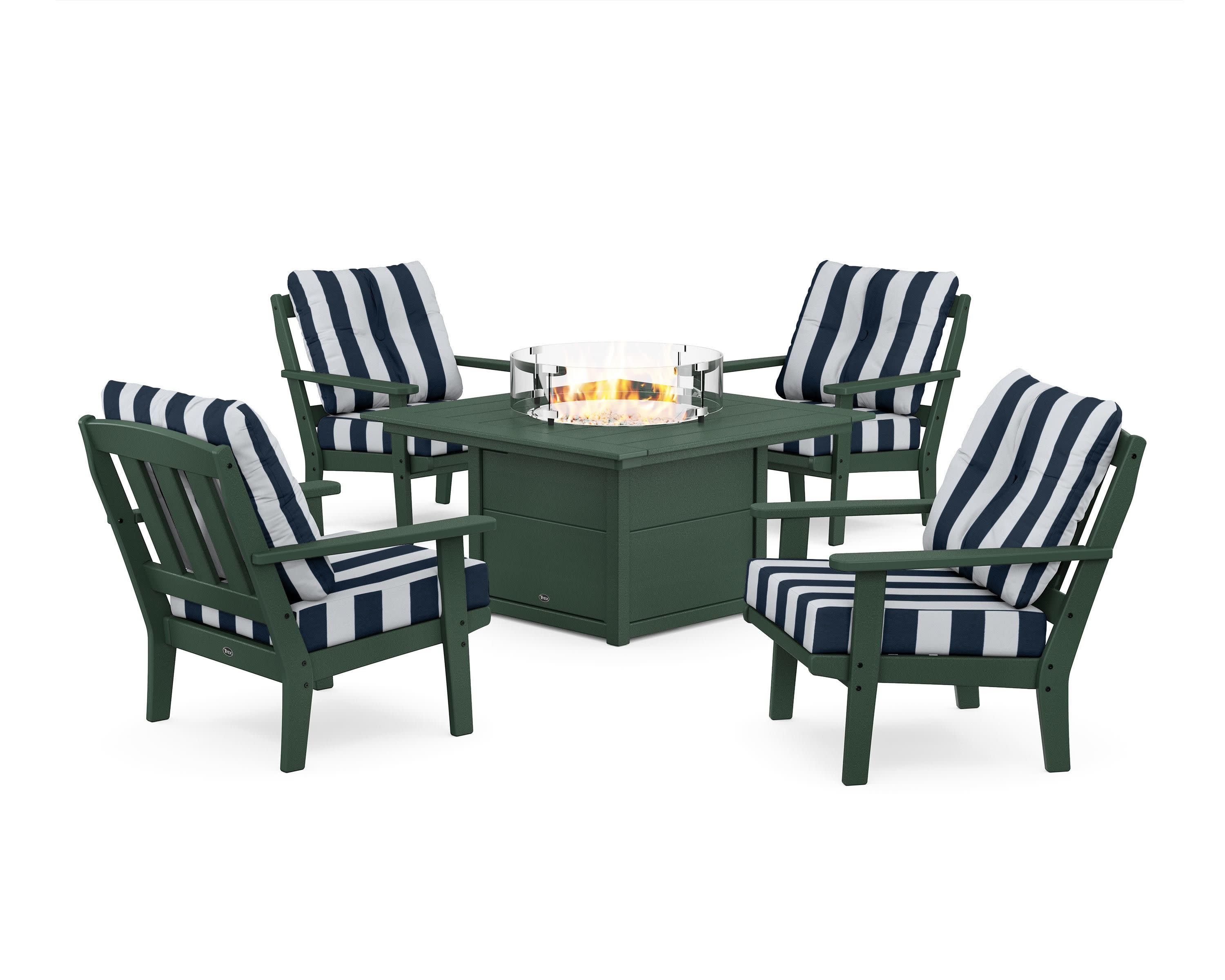 Cape Cod 5-Piece Deep Seating Set with Fire Pit Table in Rainforest Canopy / Cabana Stripe Marine Indigo