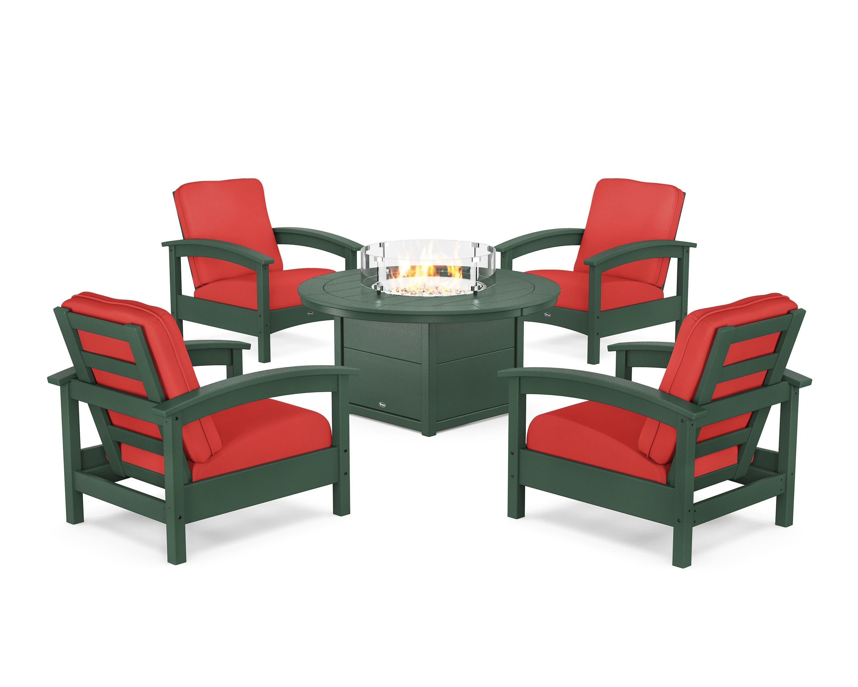 Rockport 5-Piece Deep Seating Set with Round Fire Pit Table in Rainforest Canopy / Crimson Linen