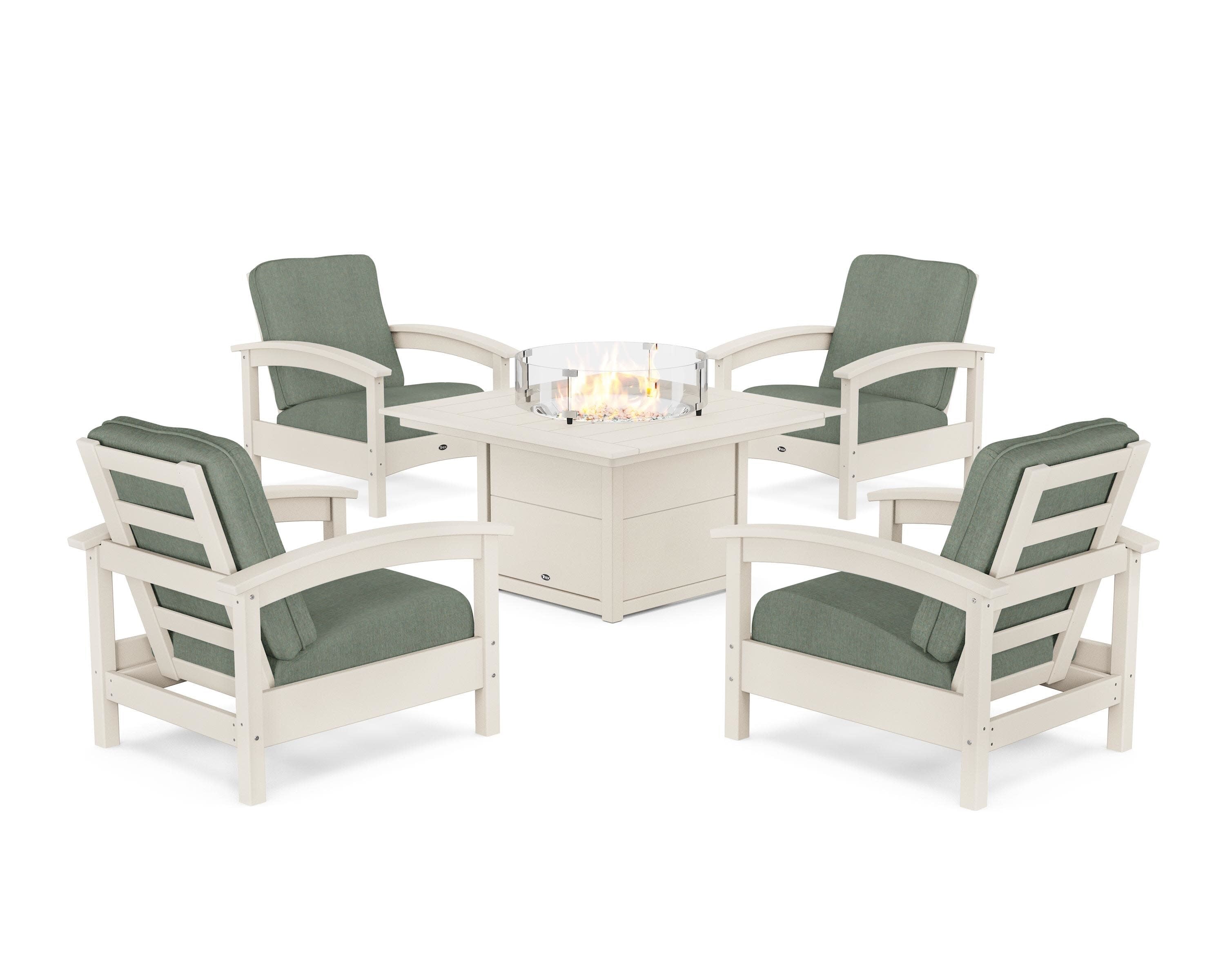 Rockport 5-Piece Deep Seating Set with Square Fire Pit Table in Sand Castle / Cast Sage