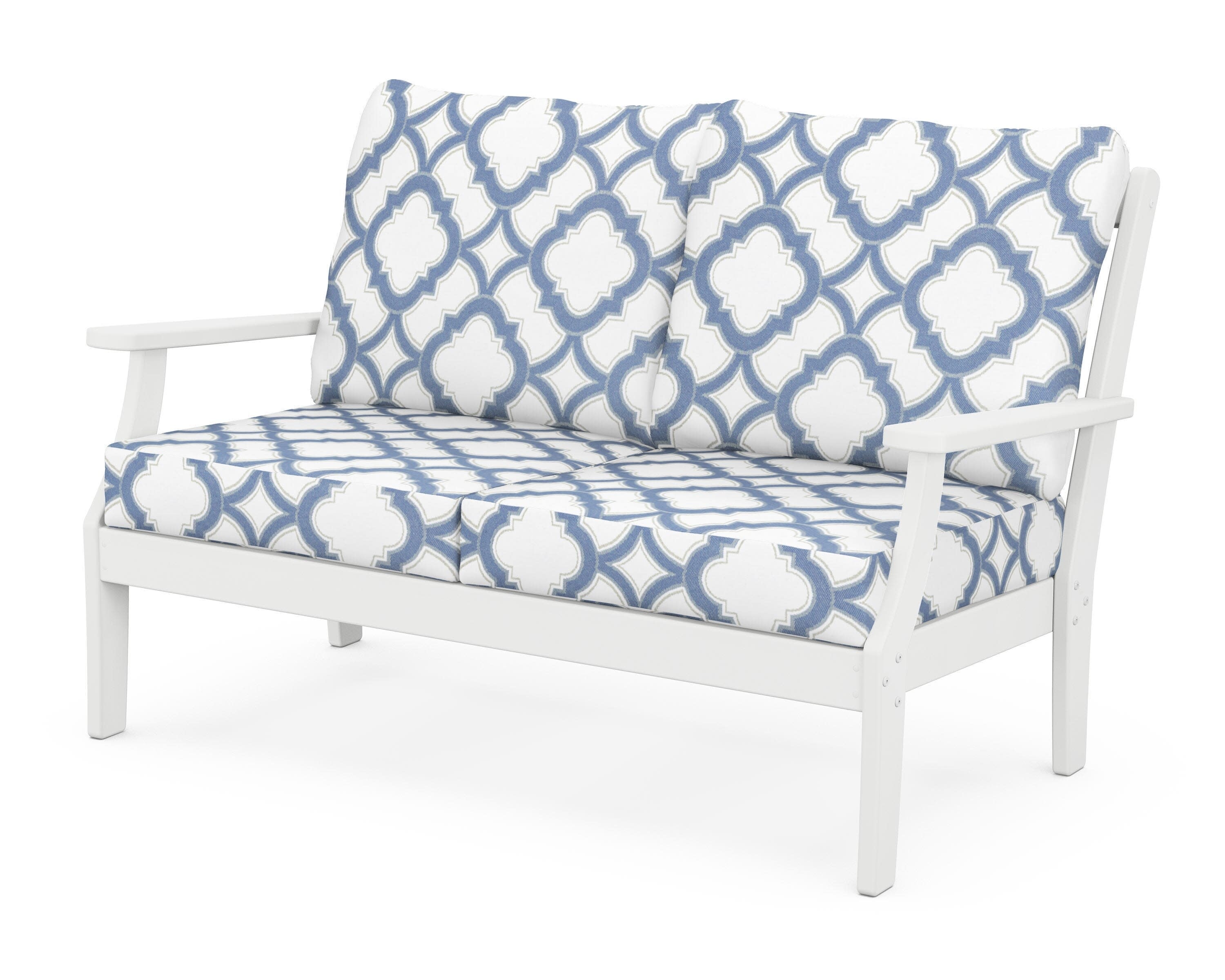 Yacht Club Deep Seating Loveseat in Classic White / Trellis Sky Blue