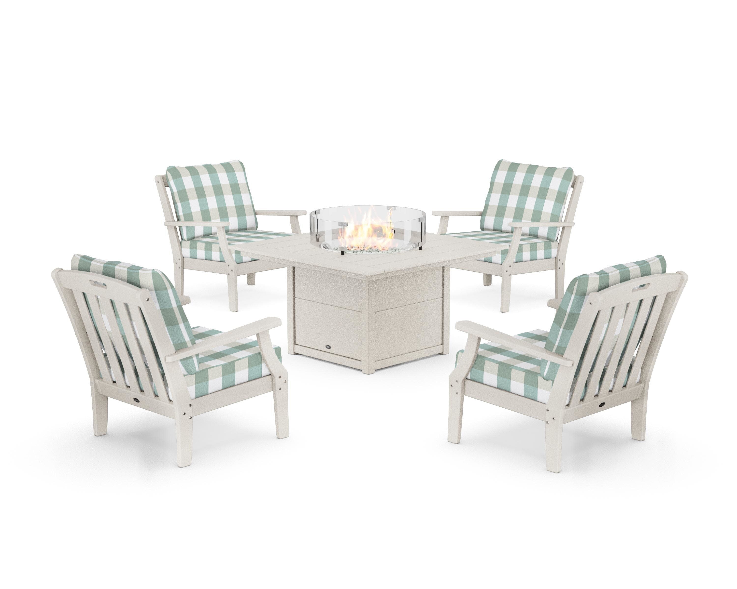 Yacht Club 5-Piece Deep Seating Set with Square Fire Pit Table in Sand Castle / Buffalo Plaid Glacier Spa