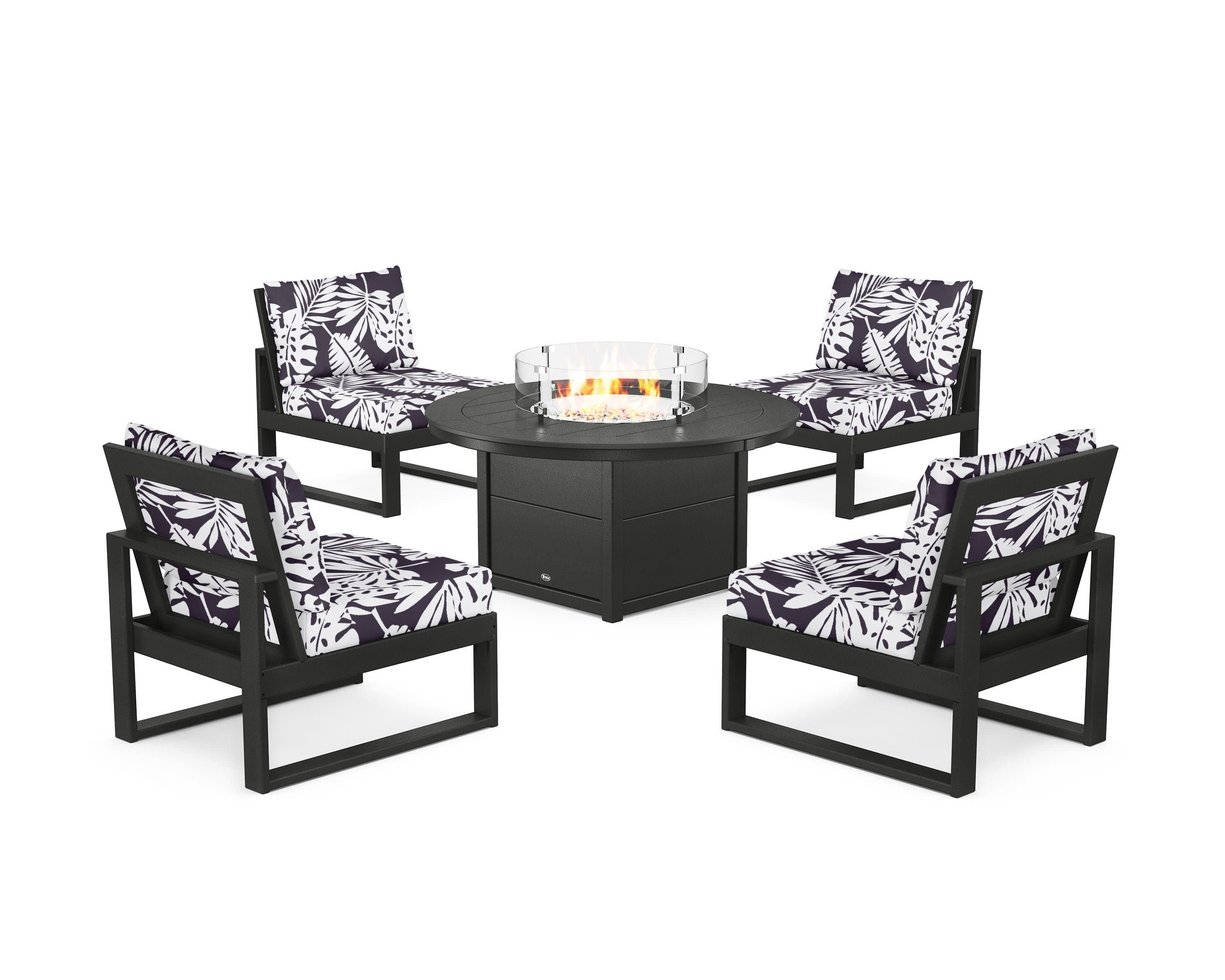 Eastport Modular 5-Piece Deep Seating Set with Round Fire Pit Table in Charcoal Black / Leaf Navy