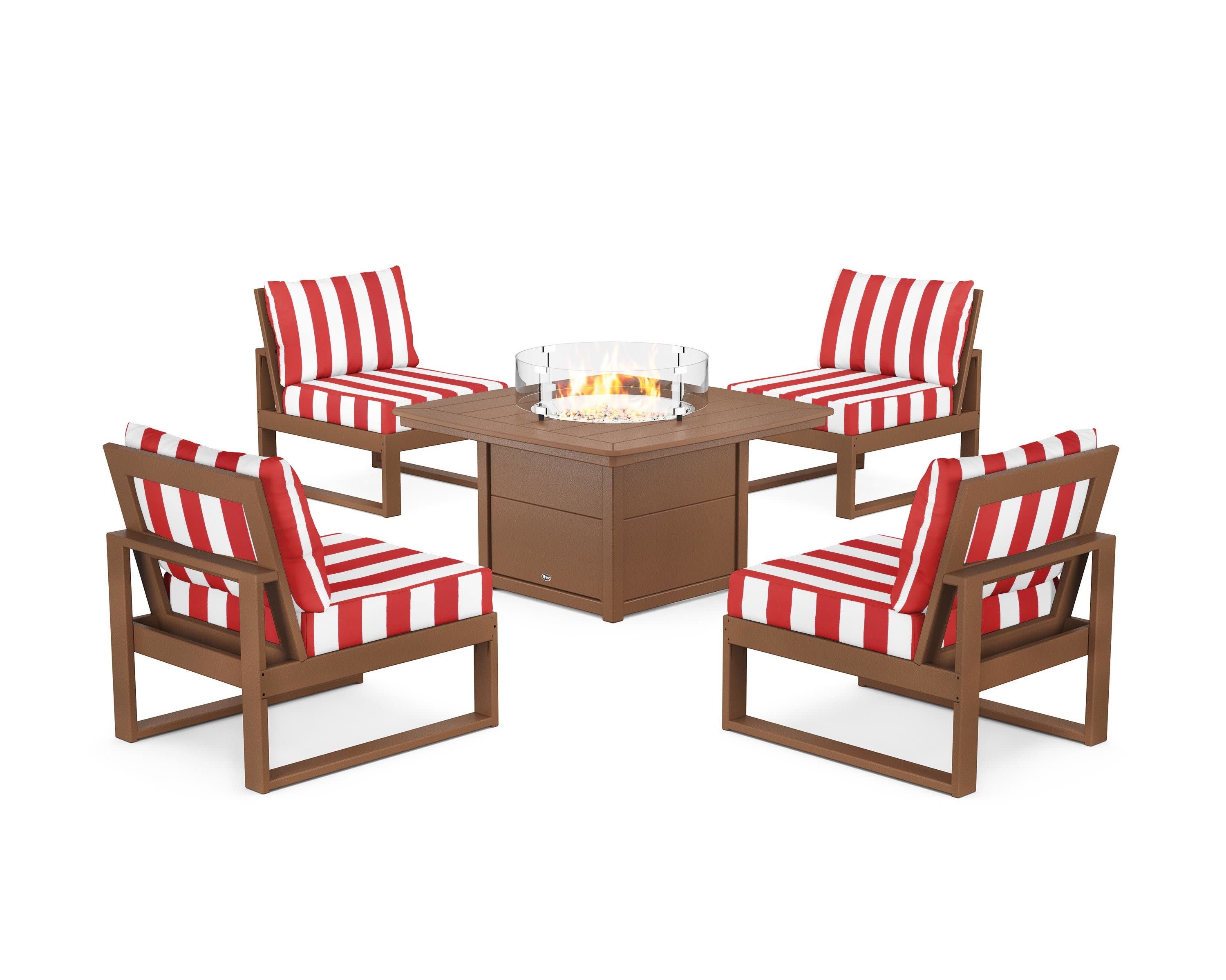 Eastport Modular 5-Piece Deep Seating Set with Yacht Club Fire Pit Table in Tree House / Cabana Stripe Crimson