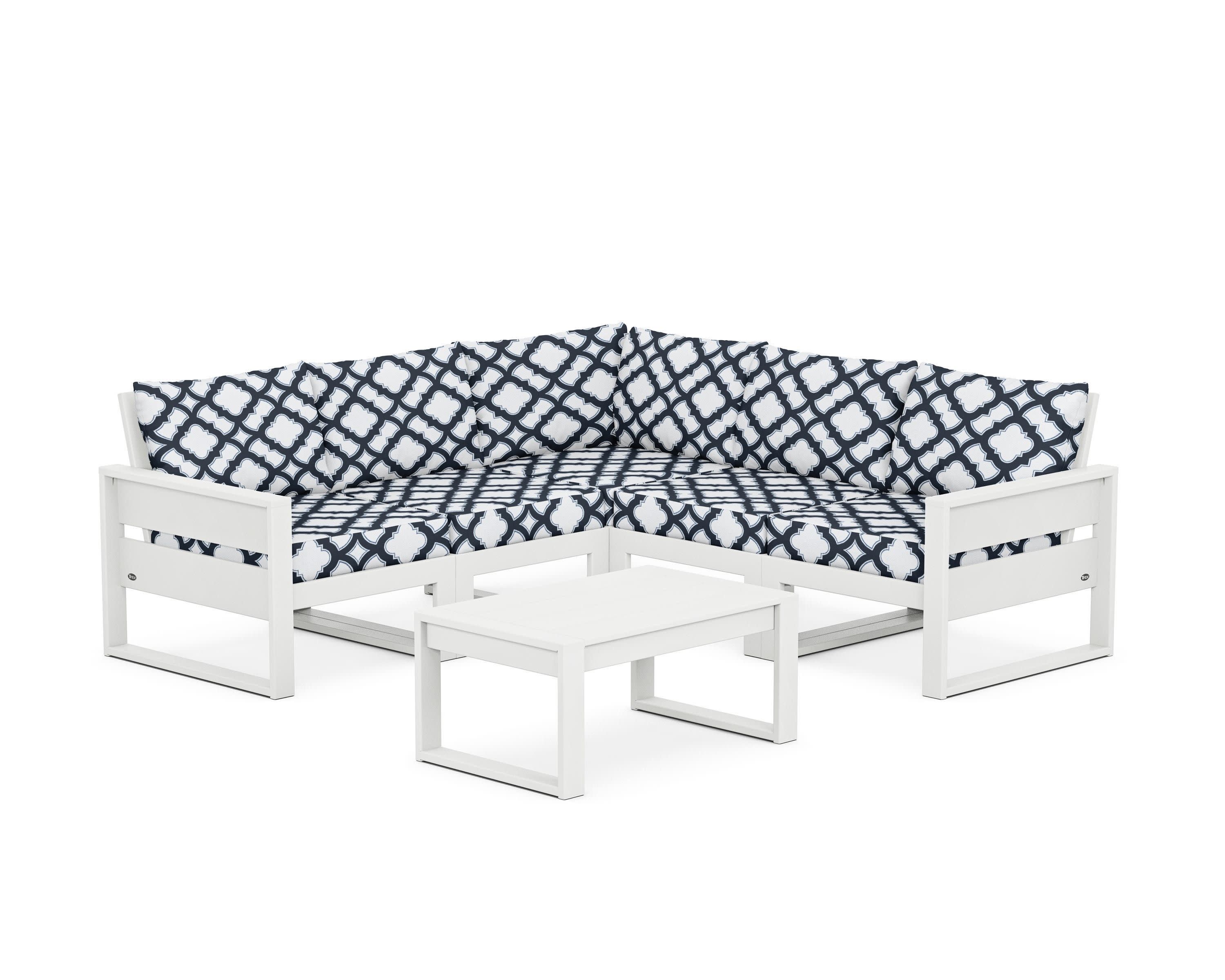 Eastport 6-Piece Deep Seating Sectional + Coffee Table Set in Classic White / Trellis Marine Indigo
